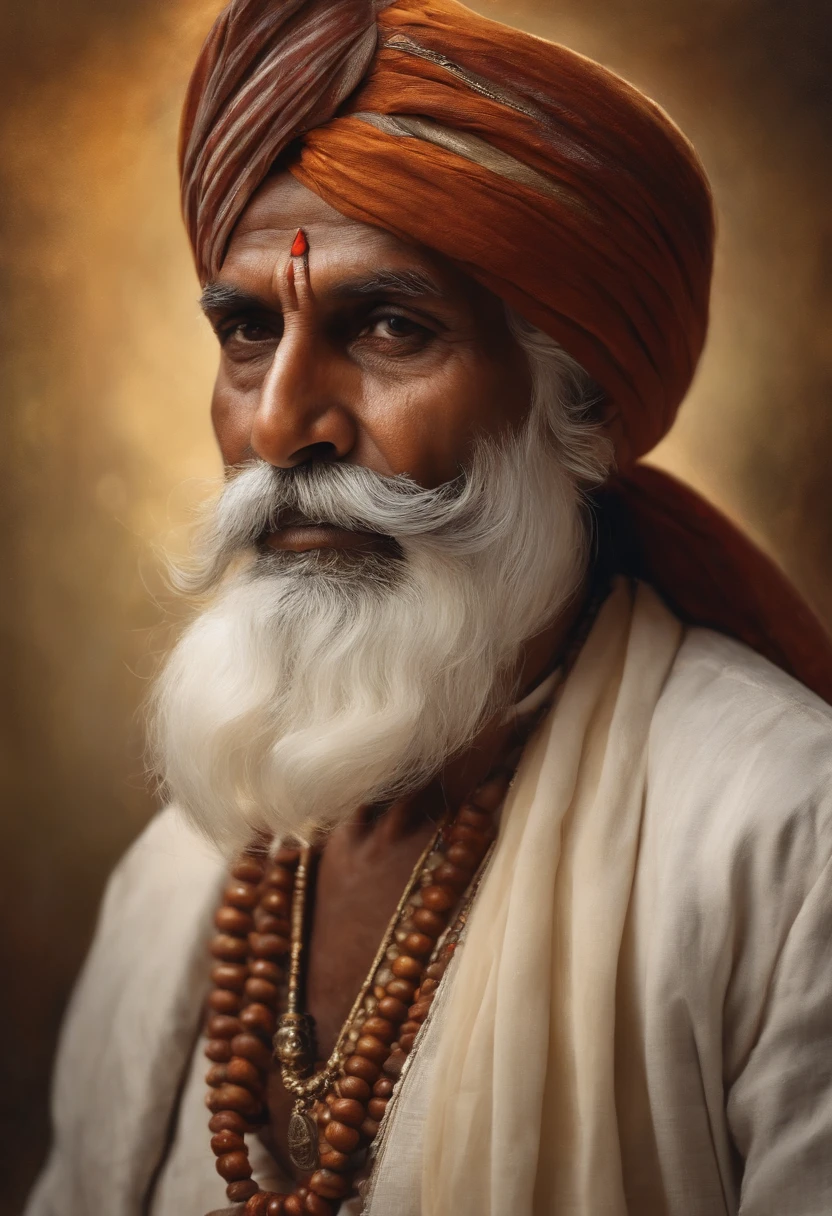 (old indian man:1.1,wearing turban:1.2,white bigger beard:1.1,bigger moustache:1.1,lighting cigar:1.2,in swag,extremely detailed facial hairs,portrait,half body,medium:oil painting,detailed eyes and face,detailed turban,traditional clothing,aged appearance,royal background,studio lighting,vibrant colors,dignified expression)
