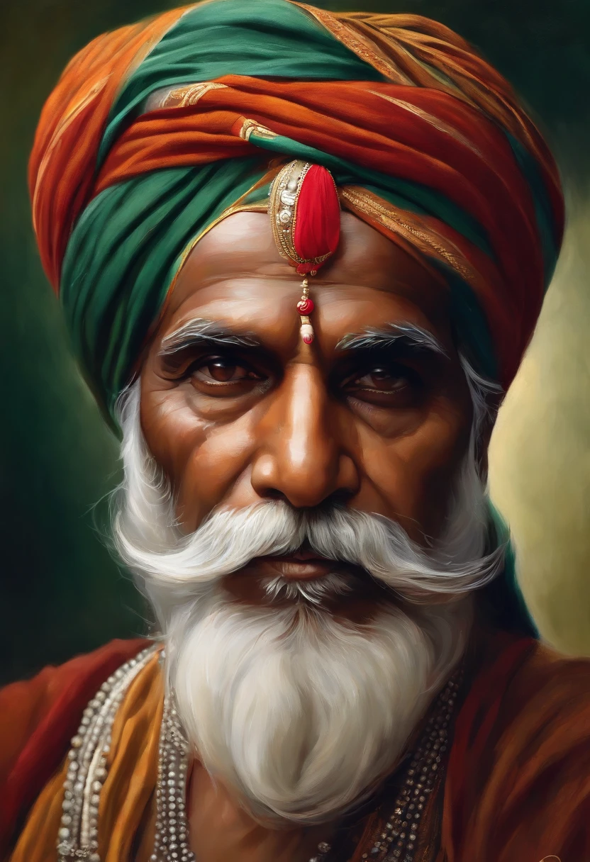 (old indian man:1.1,wearing turban:1.2,white bigger beard:1.1,bigger moustache:1.1,lighting cigar:1.2,in swag,extremely detailed facial hairs,portrait,half body,medium:oil painting,detailed eyes and face,detailed turban,traditional clothing,aged appearance,royal background,studio lighting,vibrant colors,dignified expression)