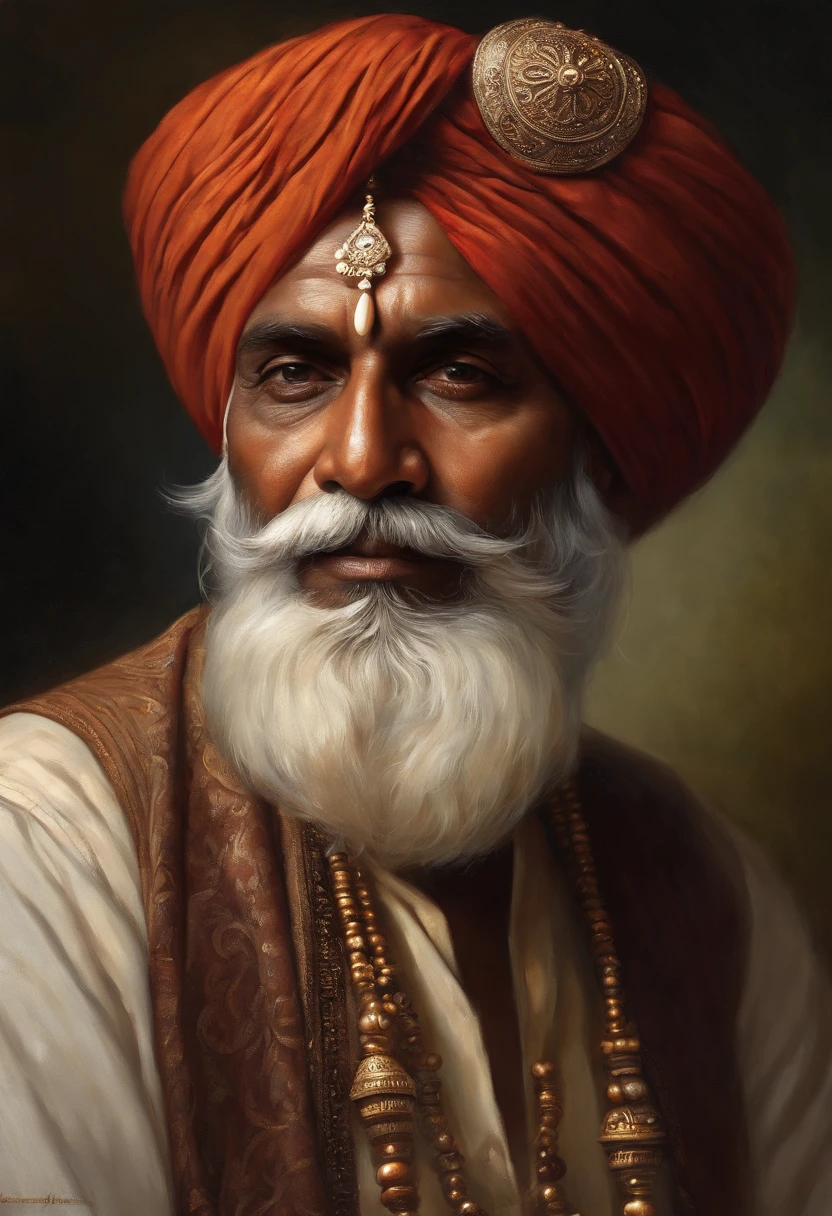 (old indian man:1.1,wearing turban:1.2,white bigger beard:1.1,bigger moustache:1.1,lighting cigar:1.2,in swag,extremely detailed facial hairs,portrait,half body,medium:oil painting,detailed eyes and face,detailed turban,traditional clothing,aged appearance,royal background,studio lighting,vibrant colors,dignified expression)