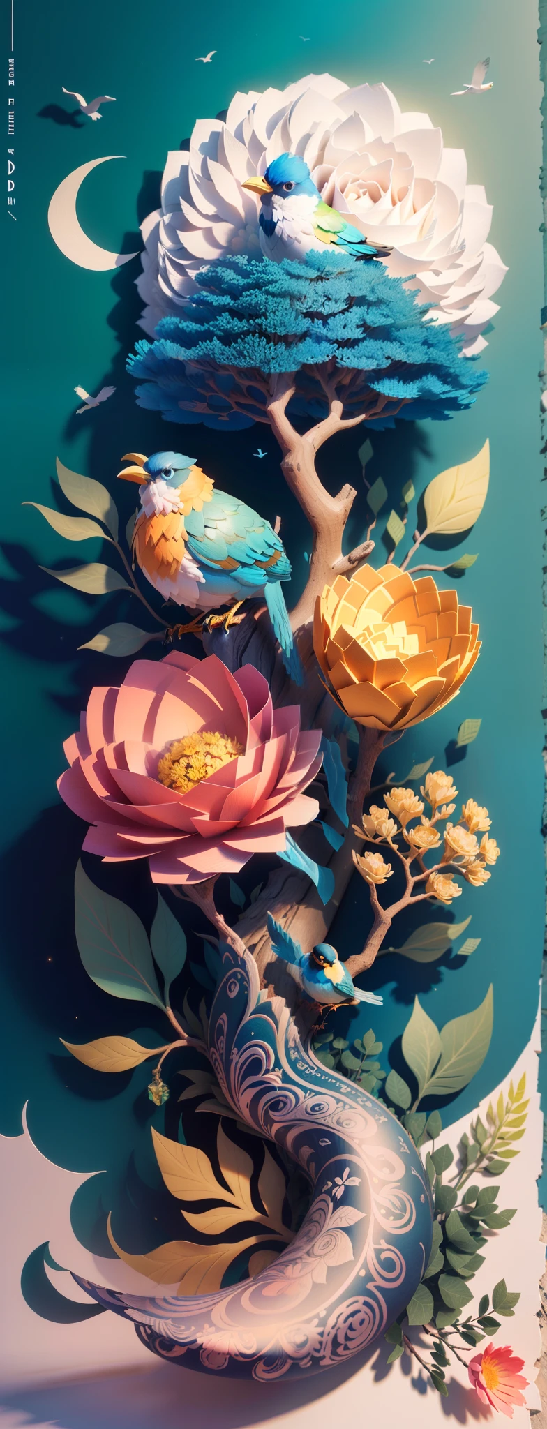 Arte en papel con flores, Birds and trees, Arte en papel, Tendencia en Behance 3D Art, Tendencia en Behance 3 D Art, 3 d illutration, Arte de papel en capas, intricate 3 d illustration, Arte de modelado en papel, Arte de Behance, Arte digital 3D detallado, stylized 3 d graphics, Arte de Adobe Illustrator, Estilo de papel en capas