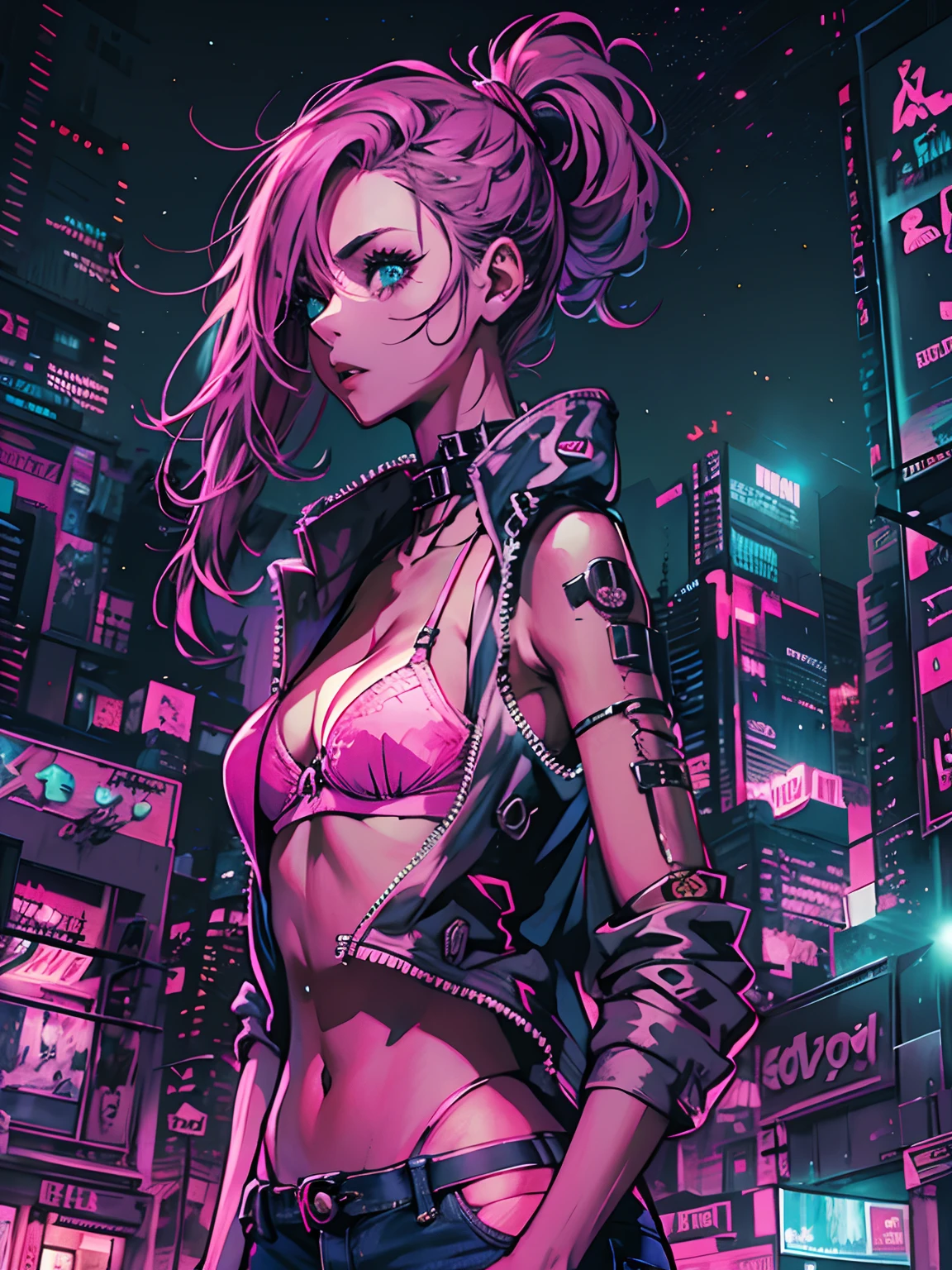 garota cyberpunk super magra, wearing jeans and pink bra, (cabelos curtos pretos e encaracolados), Dystopian and apocalyptic city at night, imagem muito linda, super detalhada, garota extremamente linda, corpo inteiro, (super skinny girl)