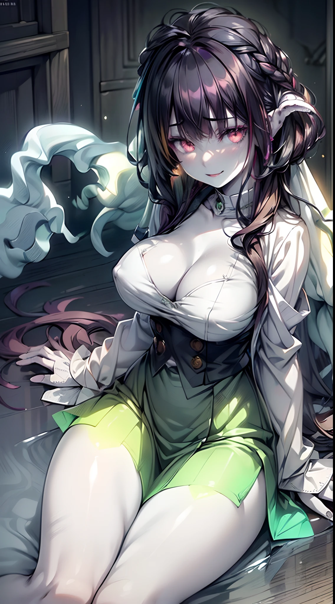 (ghosty:1.85) (doctor:1.5) (nurse:0.65) girl, (white doctor coat:1.4), (spirit, spiritual:1.2), 1girl, perfect and well designed glowing shiny eyes, (beautiful detailed eyes:1.05), natural medium breasts, slim body, beautiful and delicate cute face, (face detail), ((realistic face)), pores, ((pale grey skin)), detailed skin, realistic skin, (((bioluminescence))), ((shiny skin)), (multicolored gradation skin), (monster girl:1.25), human face, medium length hair, hair voluminous, (((((multicolored gradation hair))))), (dark-haired:1.75), super high resolution, 8k, parameters Best quality, (masterpiece:1.4), (magic accessories:1.4), bracelets, extremely detailed thick tight ((white:1.5), (green:1.2), (pink:0.5)) (medical uniform:1.6), (skirt:1.3), (black lace stockings:1.4), (standing nipples under cloth:1.3), (neckline:1.3), (cleavage:1.4), (decolette:1.5), Young Girl, Little Beast, (Smile:0.9), (pale Skin:1.85), ultra detailed, photorealistic, ((Real image)), (best quality:1.4), super high resolution, (Realistic 2.0), More details, (((1girl))), {(medical ward:1.2)|(doctor office:1.2)}, (beautiful and aesthetic:1.2), (fractal art:1.4), (cinematic light:1.1), (DUTCH ANGLE:1.2), full body, 16K, HDR, RTX, Ray Tracing, Radiosity, Anisotropic Filtering, Subsurface Scattering, (((magic lights))), metallic reflections, Detailed, Realistic, 4k highly detailed digital art, (cool_color), extremely detailed CG unity 8k wallpaper, vibrant colors, (seductive sitting pose:1.6), (spread legs:1.25)