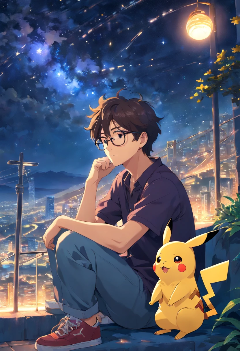 homem jovem, wearing glasses with wavy hair sitting with Pikachu, Watching the starry sky at night