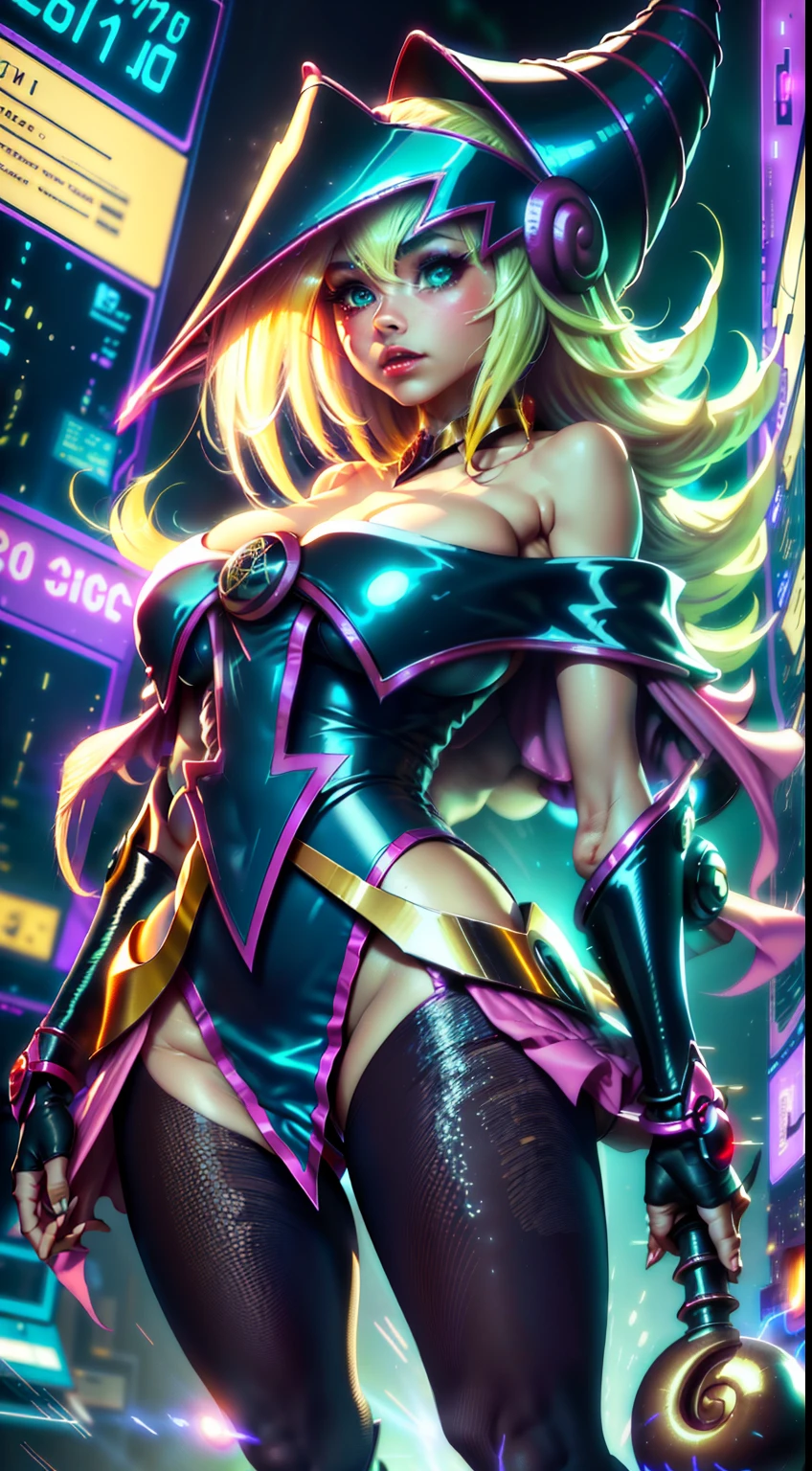 Dark magician cybernetic girl with electric eyes, burning metallic hair, piel iridiscente con patrones de circuitos, nails sharp as claws, y una mirada misteriosa. The neon light of the environment reflects on its metallic curves as it rises majestically over a futuristic landscape filled with glittering skyscrapers, bustling streets and flying vehicles. The city is illuminated by a starry sky and a full moon, which add a touch of cosmic charm. The cybernetic woman emanates an aura of power and mystery, evoking the sense of a technological and fascinating future. The image will be executed as a high-resolution photograph, capturing every detail of the cybernetic woman and the environment around her. The photographic style will emphasize neon lighting and metallic sheen, conveying a futuristic and technological atmosphere. The latest generation camera will be used to capture the image, ensuring sharp detail and vibrant colors. Dark magician girl ciberpunk