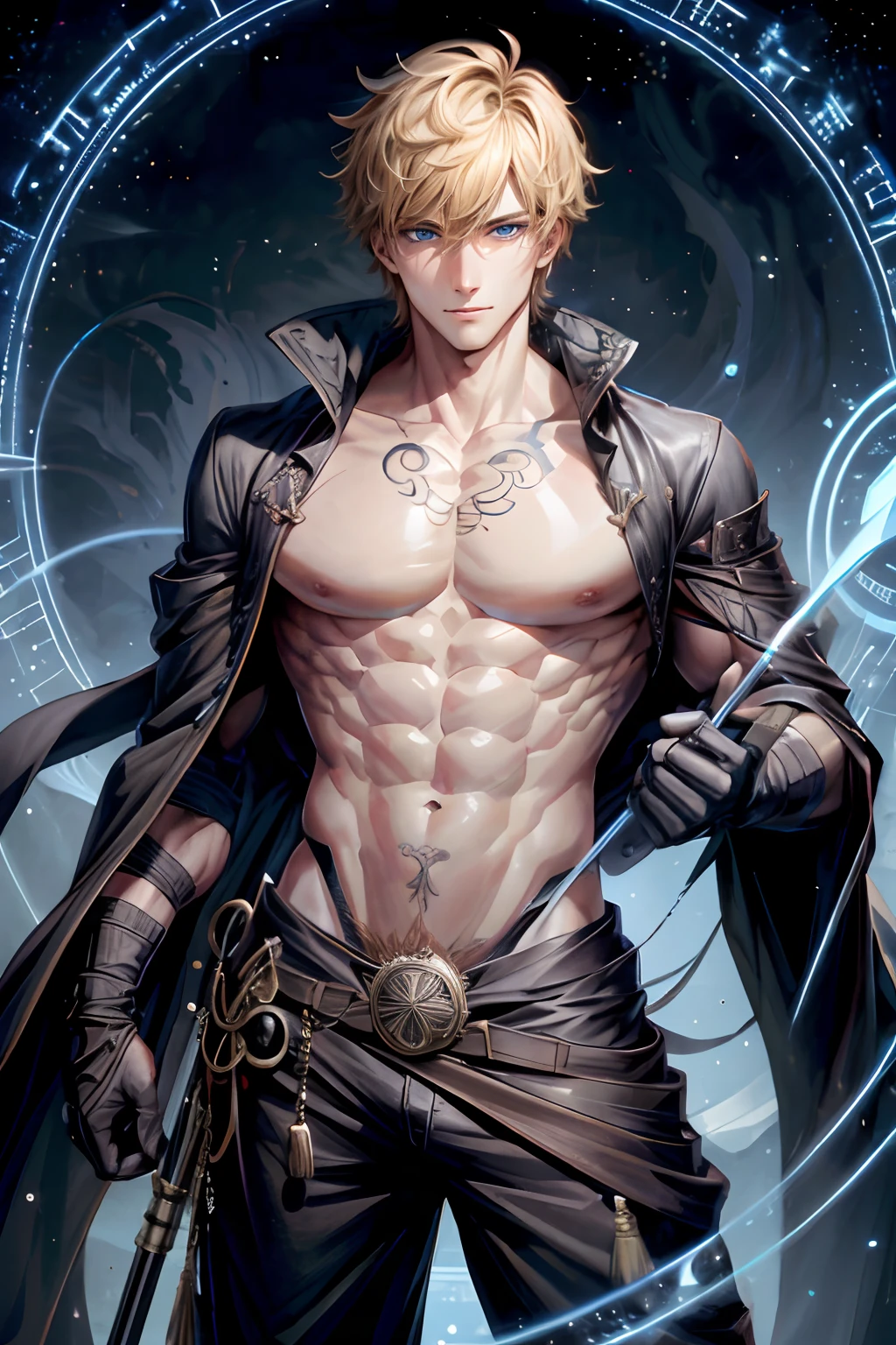 Trending on artstation pixiv, anime guy with bright eyes, unsual eyes, best anime 4k, zerochan art, key anime art, [[[[grinning evily]]]], Mage, masterpiece, Magic, Magic circle, (gray skin), muscular, open shirt, solo, rings, good anatomy, detailed hands, detailed eyes, (male), Black cat, Black Wizard clothes, blue eyes