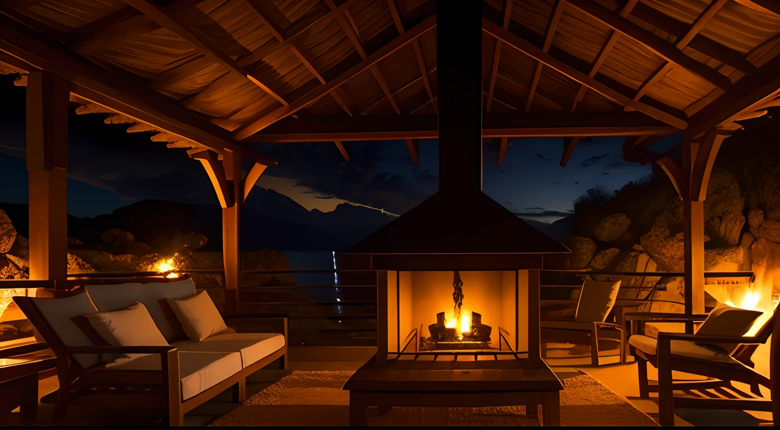 Ambiente aconchegante de cabana de madeira, at night with warm and crackling fireplace. This is the perfect environment to sleep, ler um livro, reduzir o estresse e a ansiedade.