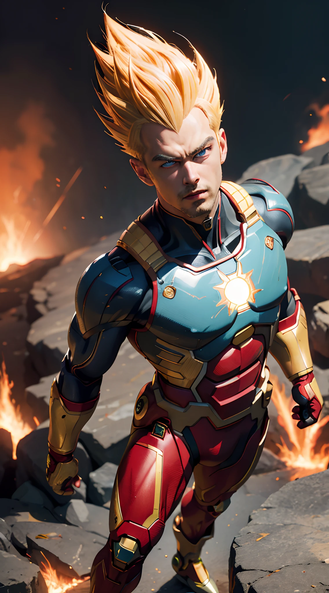 (masterpiece:1.2), ultra-detailed, (realistic), photorealistic, male focus, heroic stance, cyborg mode, vegeta wearing Ironman armor, red and gold, full body shot, portraits, vibrant colors, sharp contrasts, blonde hair, black eye, fire background