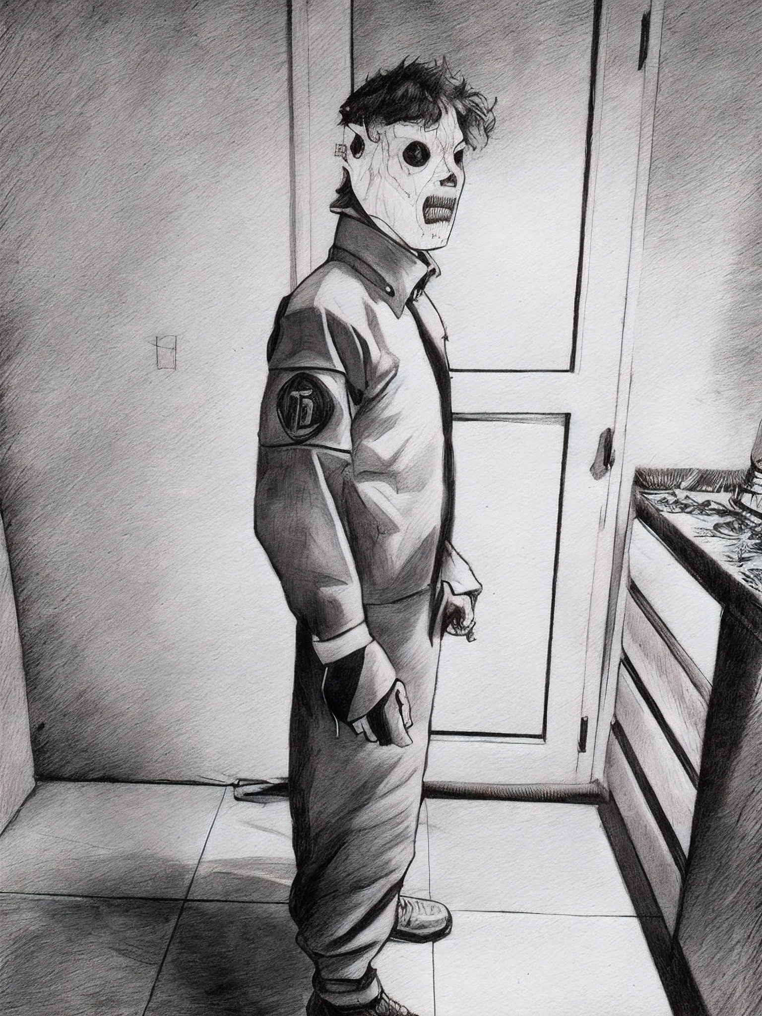 1  sujeto con traje de slipknot, boceto artstyle, Graycale, monocromo, ((solamente))