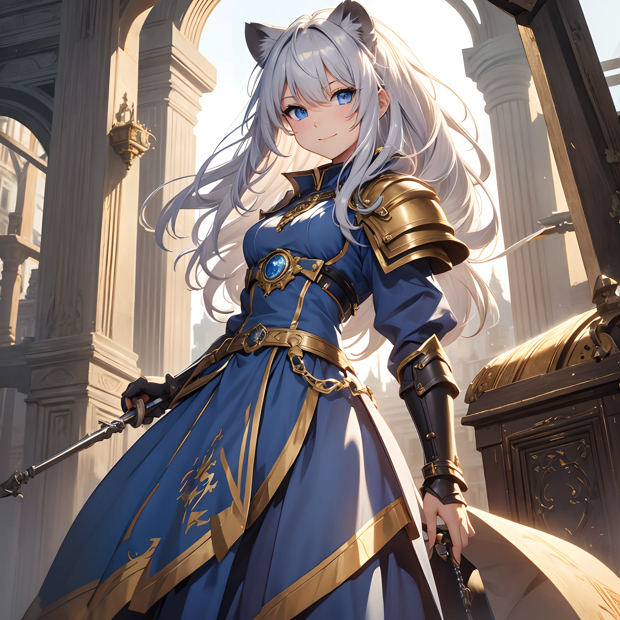 masterpiece、Clear blue eyes、Golden hair、Hair quality that emits a very beautiful light、Neat face、a smile、Punk Hairstyles、Very short、boyish、1 girl in、The world of mechanical devices、Lots of clock towers、Silver armor、On the armor is a relief of a lion、red cloak、A devastated world、Multicolored blades raining down from the sky、Knights of the Round Table、