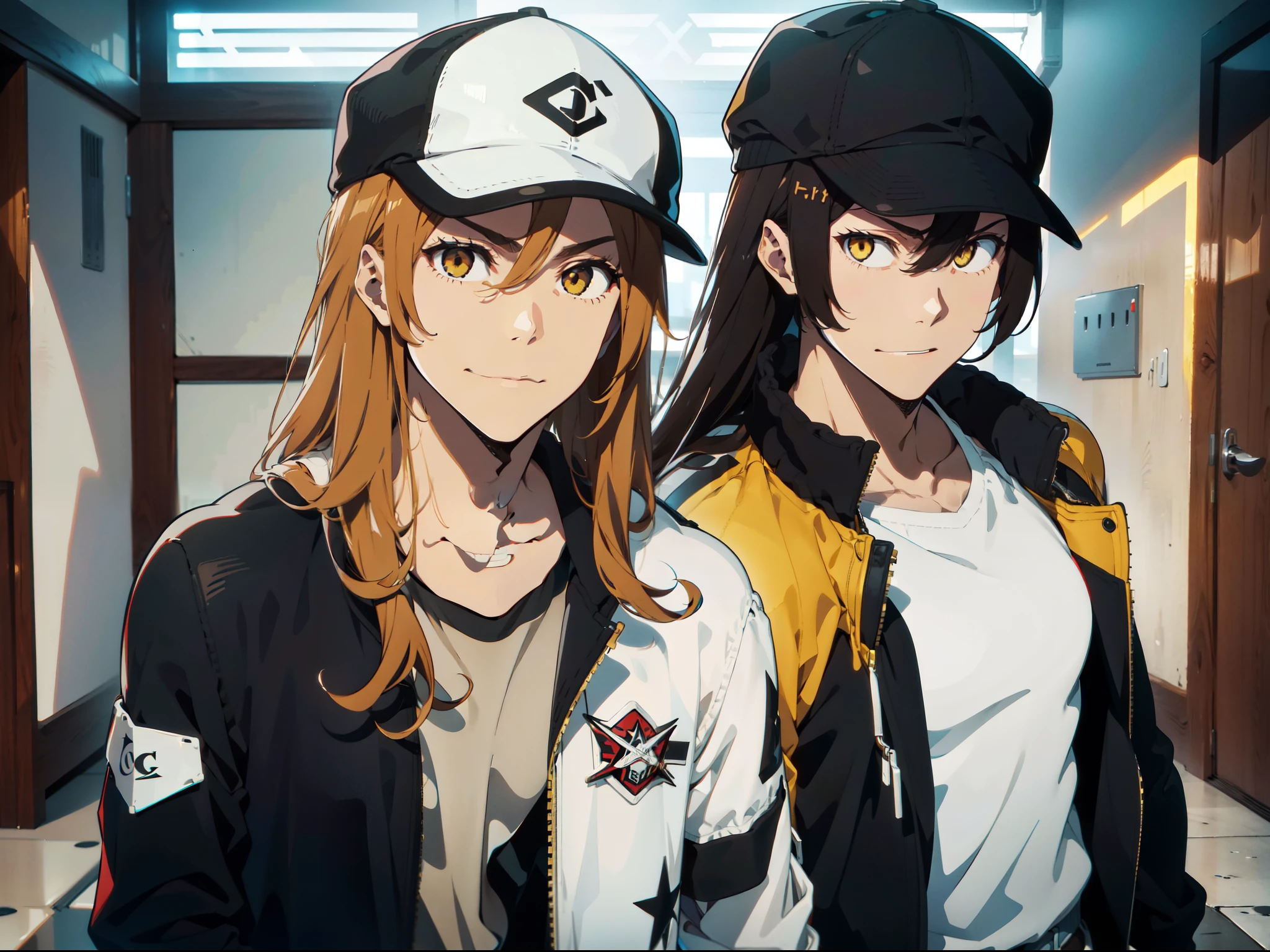 one guy, black and white jacket, a white cap, brown long hair and yellow eyes, a confident smirk, inspired on terry bogard, very masculine