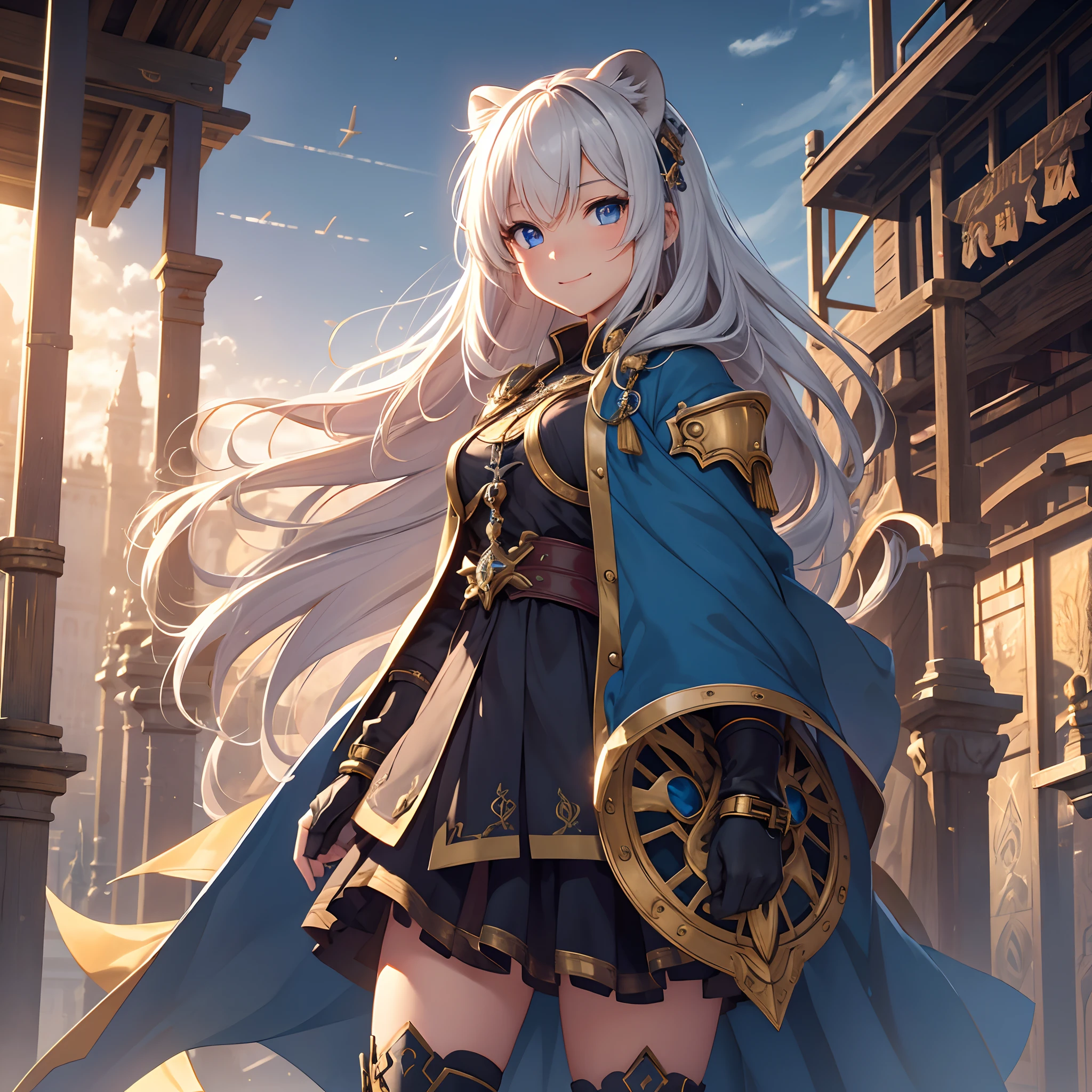 masterpiece、Clear blue eyes、Golden hair、Hair quality that emits a very beautiful light、Neat face、a smile、Punk Hairstyles、Very short、boyish、1 girl in、The world of mechanical devices、Lots of clock towers、Silver armor、On the armor is a relief of a lion、red cloak、A devastated world、Multicolored blades raining down from the sky、Knights of the Round Table、