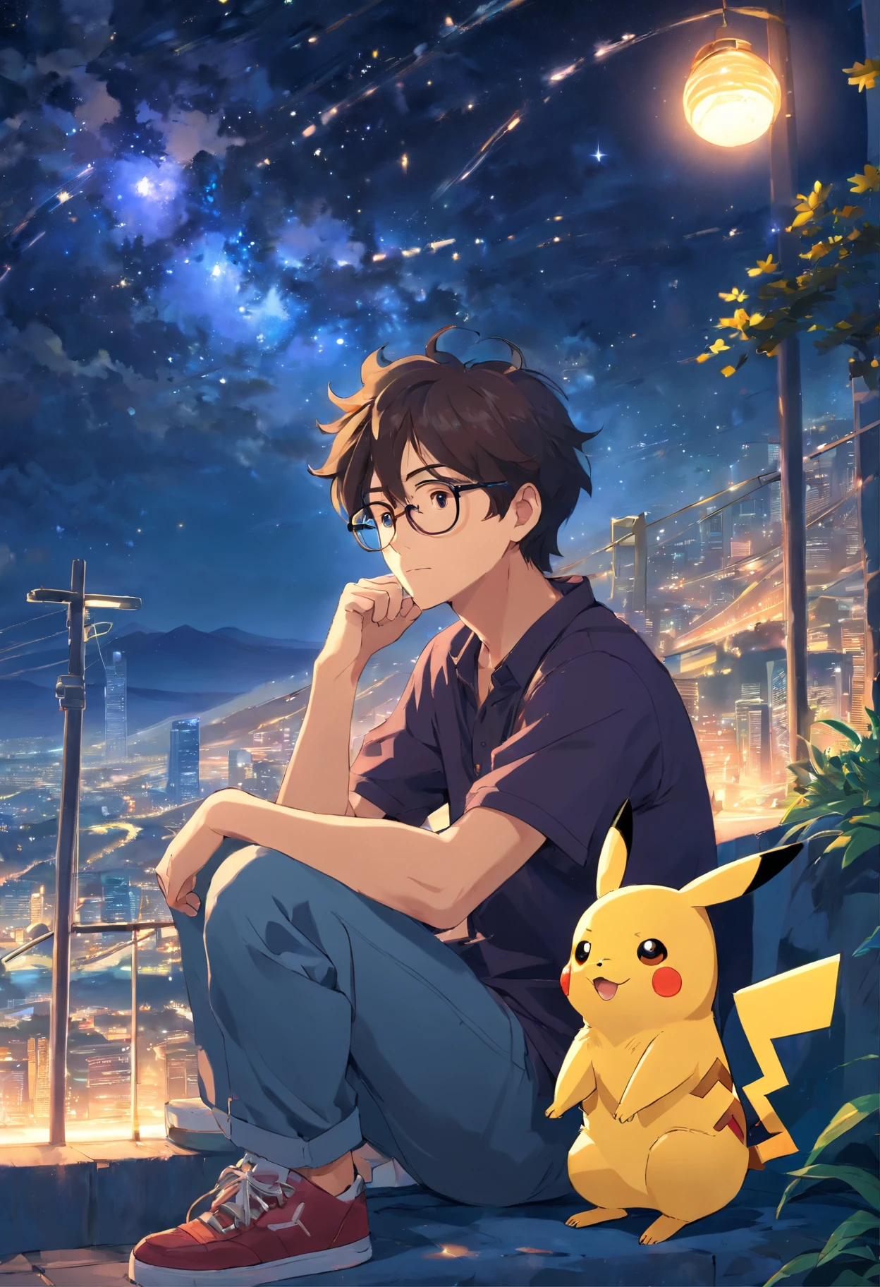 homem jovem, wearing glasses with wavy hair sitting with Pikachu, Watching the starry sky at night