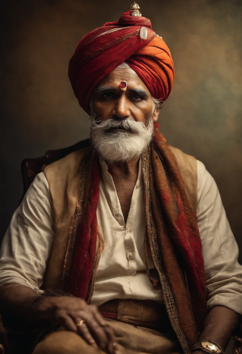 (old indian man:1.1,wearing turban:1.2,white bigger beard:1.1,bigger moustache:1.1,lighting cigar:1.2,in swag,extremely detailed facial hairs,portrait,half body,medium:oil painting,detailed eyes and face,detailed turban,traditional clothing,aged appearance,royal background,studio lighting,vibrant colors,dignified expression)