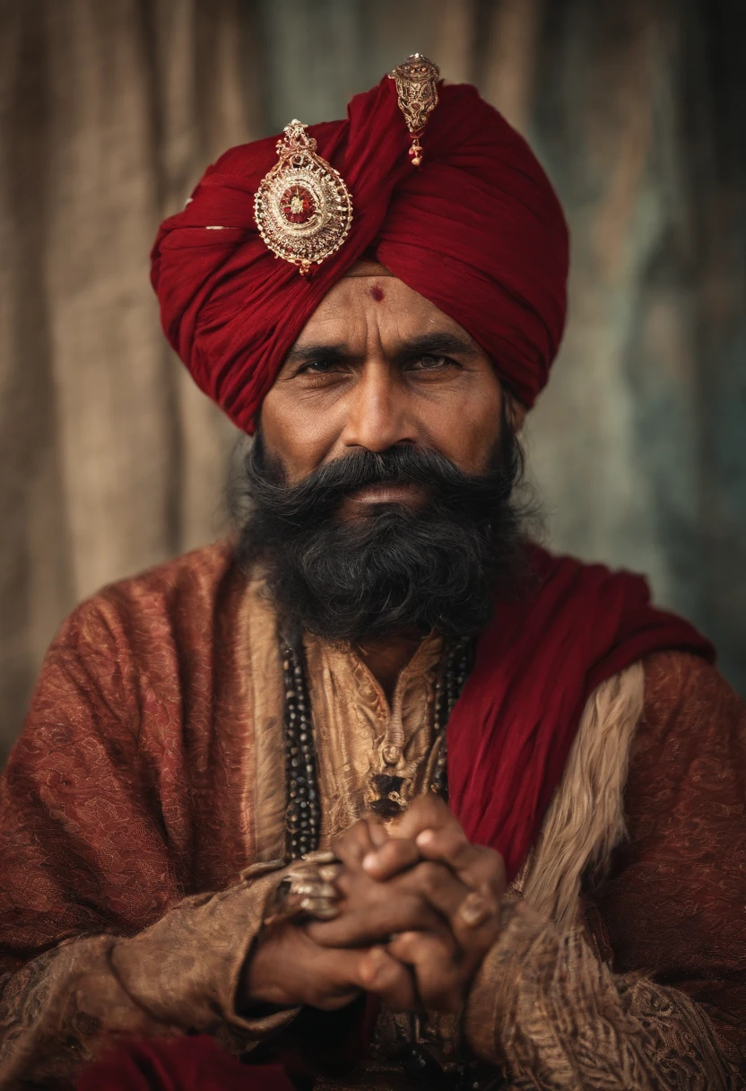 (old indian man:1.1,wearing turban:1.2,white bigger beard:1.1,bigger moustache:1.1,lighting cigar:1.2,in swag,extremely detailed facial hairs,portrait,half body,medium:oil painting,detailed eyes and face,detailed turban,traditional clothing,aged appearance,royal background,studio lighting,vibrant colors,dignified expression)