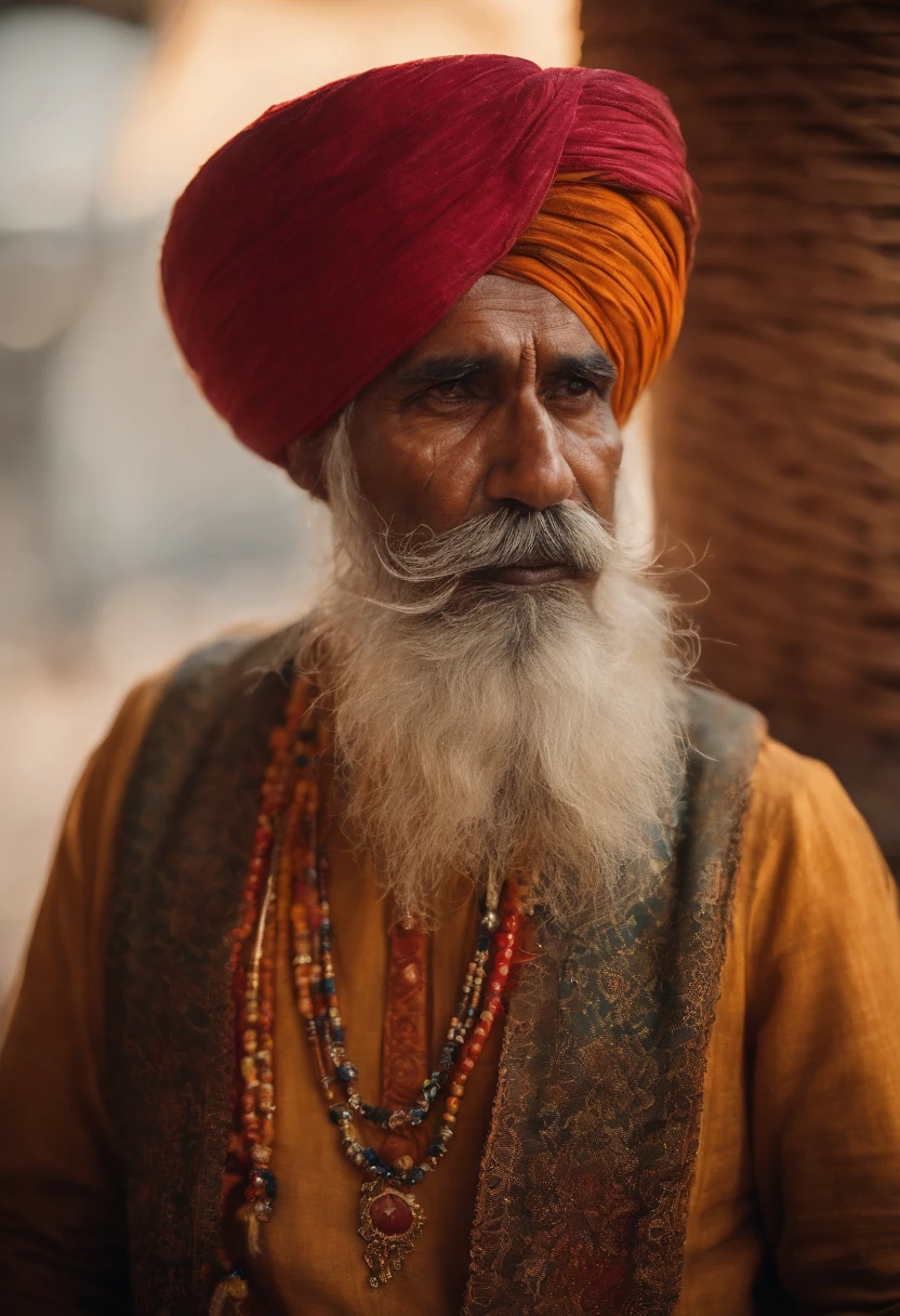(old indian man:1.1,wearing turban:1.2,white bigger beard:1.1,bigger moustache:1.1,lighting cigar:1.2,in swag,extremely detailed facial hairs,portrait,half body,medium:oil painting,detailed eyes and face,detailed turban,traditional clothing,aged appearance,royal background,studio lighting,vibrant colors,dignified expression)
