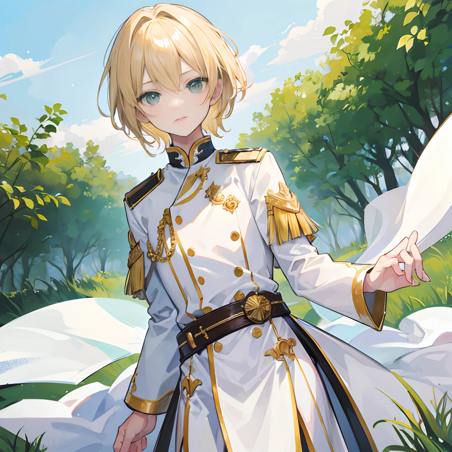 1 man(18yrs),blonde hair,green eyes,white regal uniform