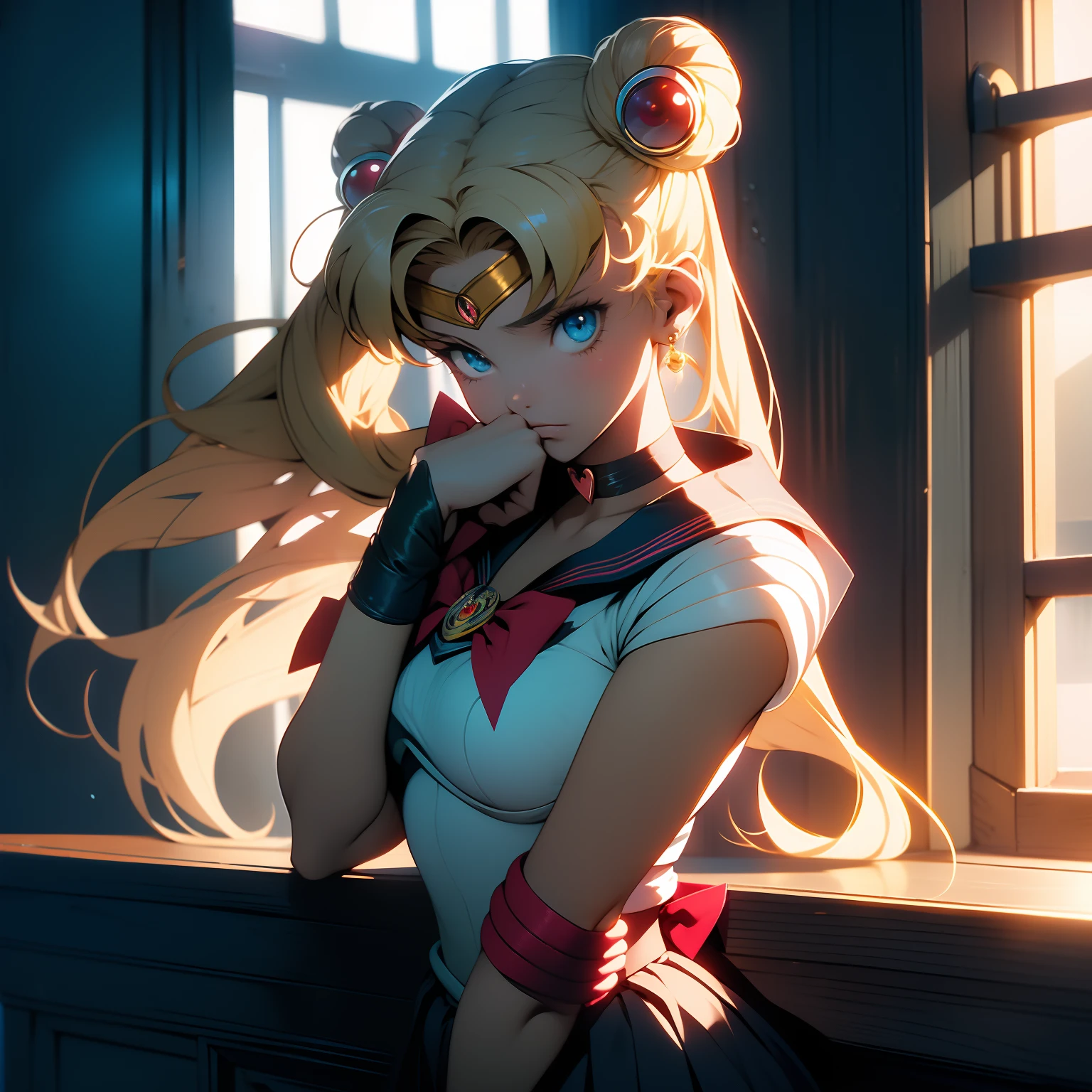 (masterpiece, best quality ) (sailor moon) aausagi, blonde, ywllow hair, hands chained to the ceilling, lifting arms above head, double bun, twintails, parted bangs, circlet, jewelry, earrings, choker, red bow, white gloves, elbow gloves, blue skirt style, red bow, blue eyes, visible bellybutton, underboob, sitting on a window sill with a black bra and cuffs, wrapped in leather straps, leather cuffs around wrists, restrained, harnesses and garters, handcuffed, handcuffs, dominant pose, sexy dominant pose,