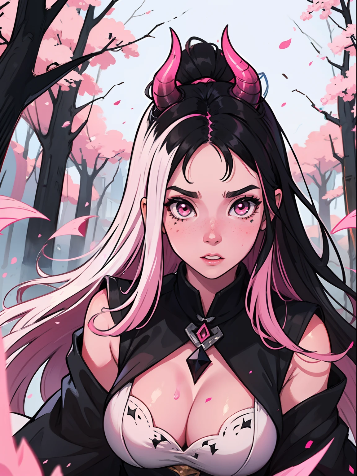 a beautiful pink skinned woman as a pink-skinned devil with long black hair that goes all the way to the ground make her like a sorceress in a setting filled with magic and mystery a character for medieval rpg she must be wearing medieval robes covering her body like a magician, she must wear a medieval costume,  Her skin is pink pink as an avatar, horns and pointed tail like a demon, pink skin, pink skin color, light pink skin, black hair, hair strands are black color with white spots, black and white hair, black hair with white spots
