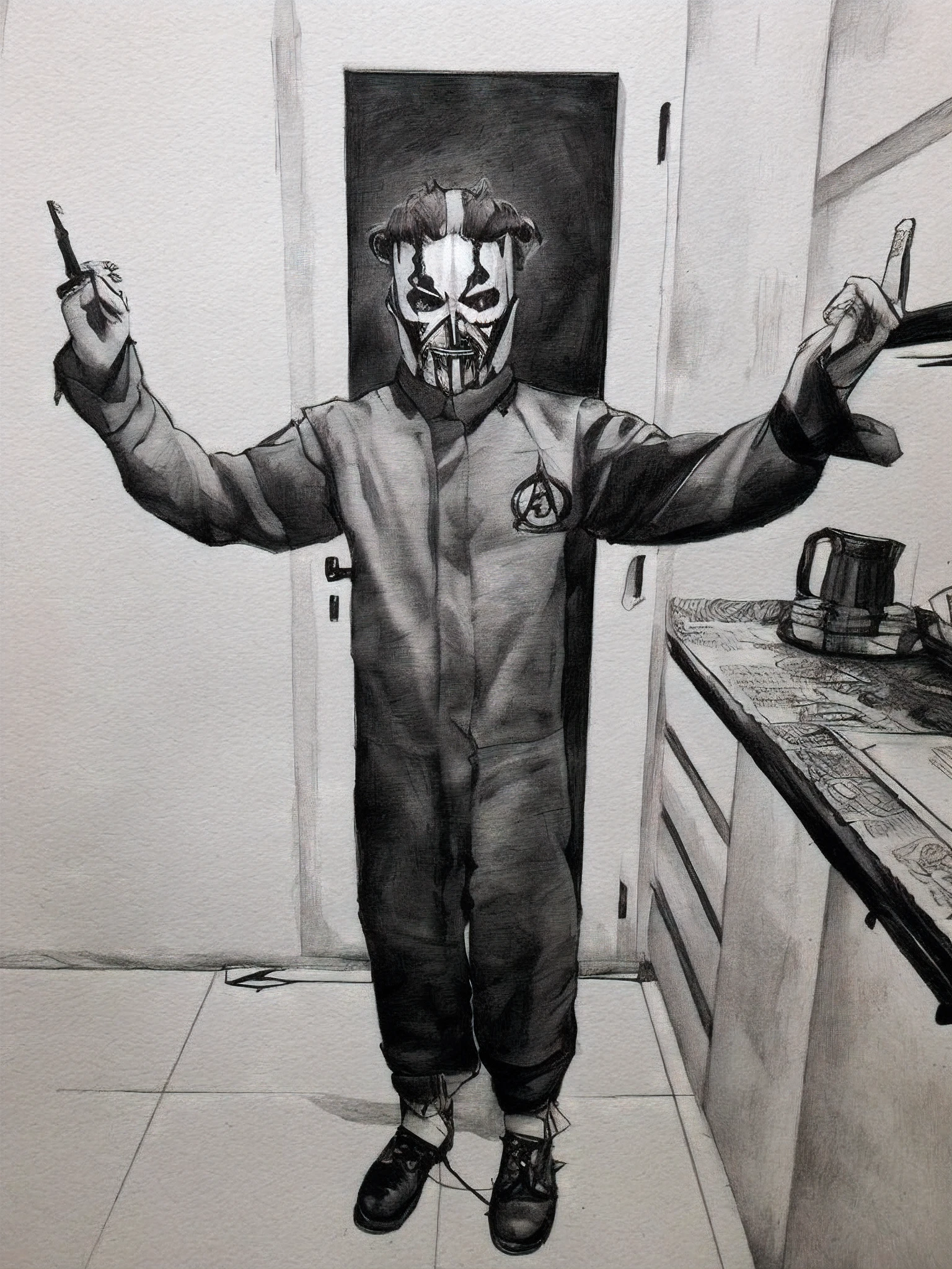 1 sujeto con traje de slipknot, boceto artstyle, Graycale, monocromo, ((solamente))