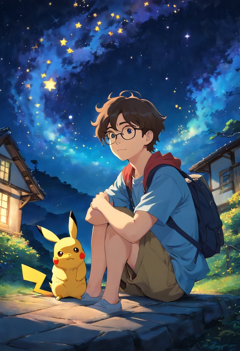homem jovem, wearing glasses with wavy hair sitting with Pikachu, Watching the starry sky at night