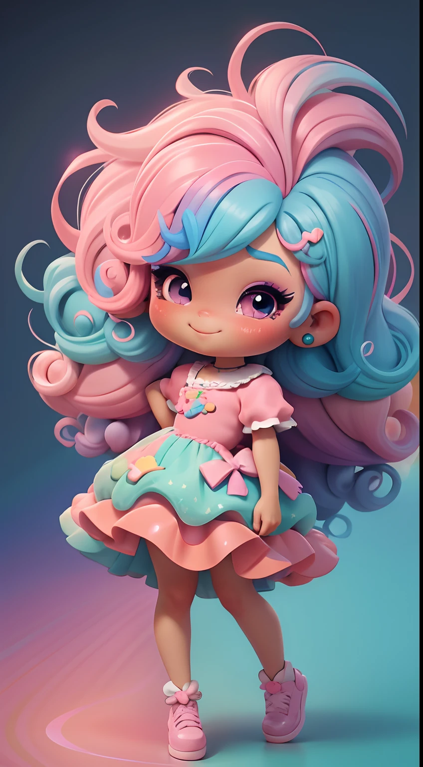 Uma chibi, estilo afro, Rainbow pastel dress, cabelos grandes, Rainbow hair colors, sapatilhas, pink hair bow, Glitter, sorrir,