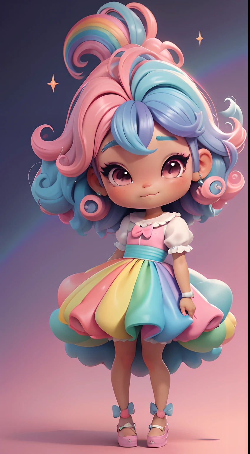 Uma chibi, estilo afro, Rainbow pastel dress, cabelos grandes, Rainbow hair colors, sapatilhas, pink hair bow, Glitter, sorrir,