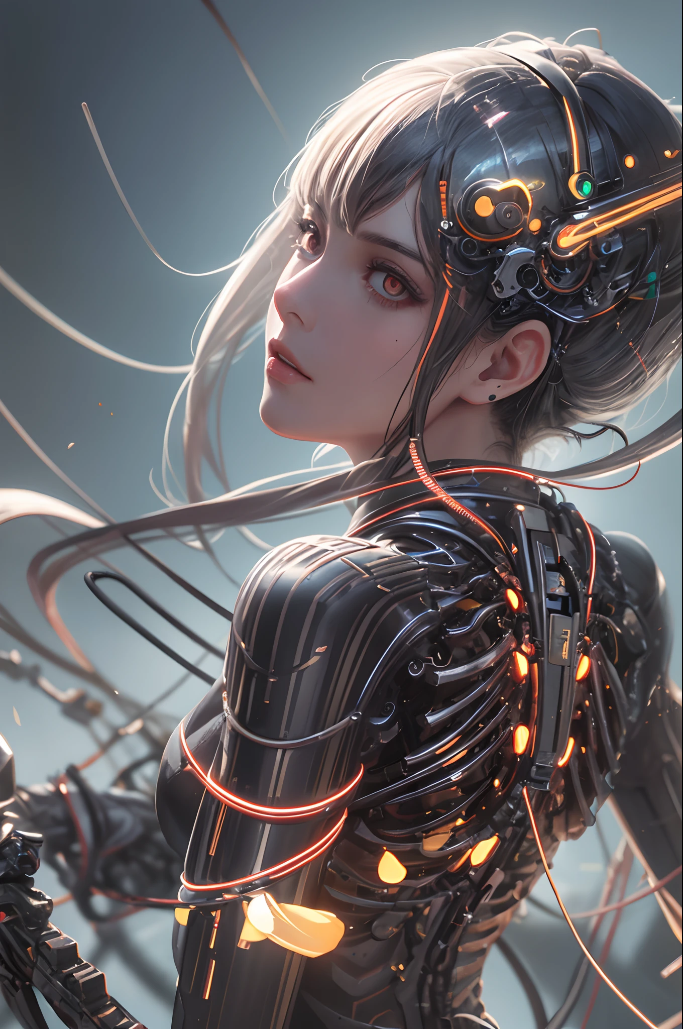 (((masterpiece))), ((((best quality)))), (((ultra-detailed))), (highly detailed CG illustration), ((an extremely delicate and beautiful)),(cute delicate face),cinematic light,((1mechanical girl)),solo,full body,(machine made joints:1.4),((machanical limbs)),(blood vessels connected to tubes),((mechanical vertebra attaching to back)),((mechanical cervial attaching to neck)),((sitting)),expressionless,(wires and cables attaching to head and body:1.5),(character focus),science fiction