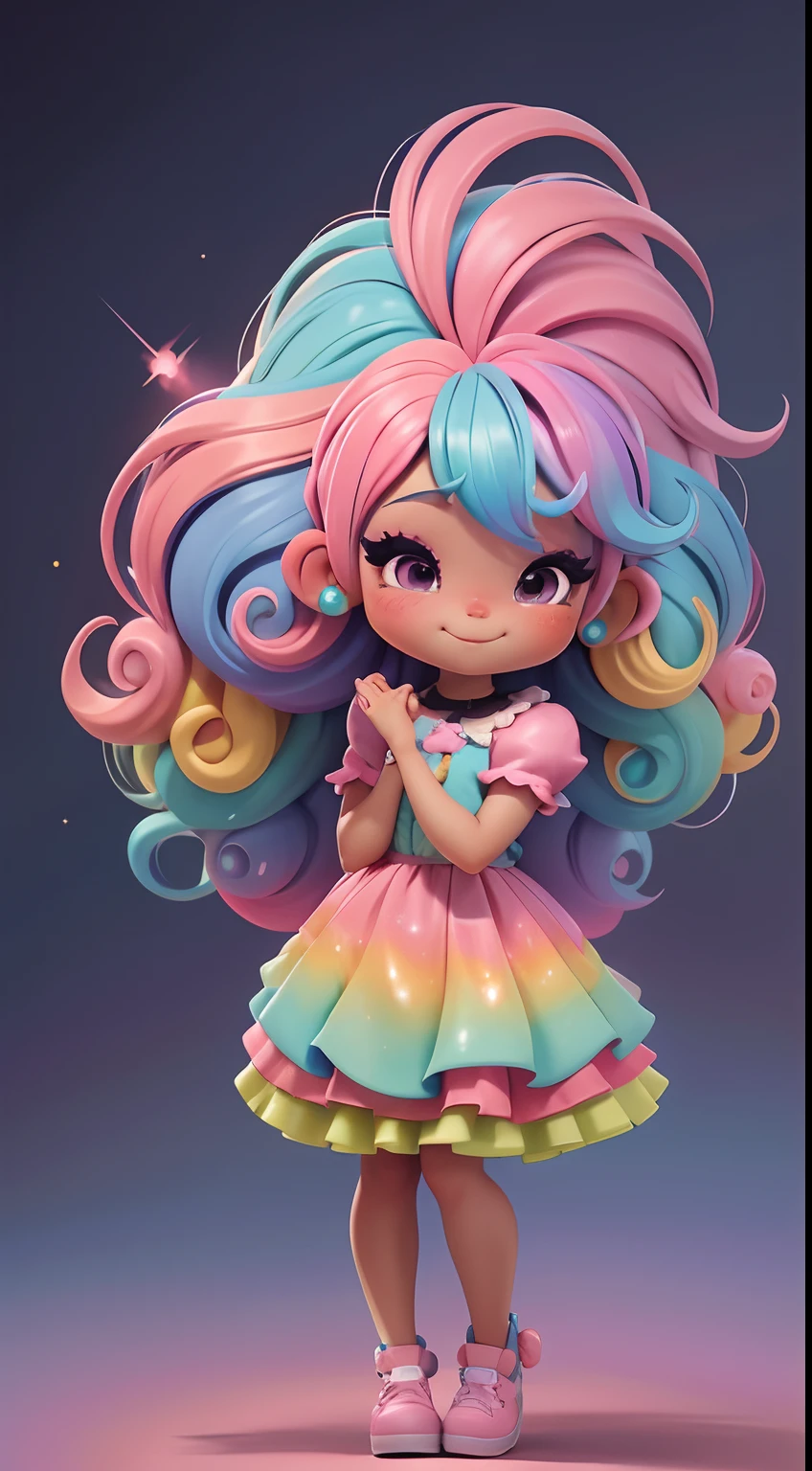 Uma menina chibi, estilo afro, Rainbow pastel dress, cabelos grandes, Rainbow hair colors, sapatilhas, pink hair bow, Glitter, sorrir,