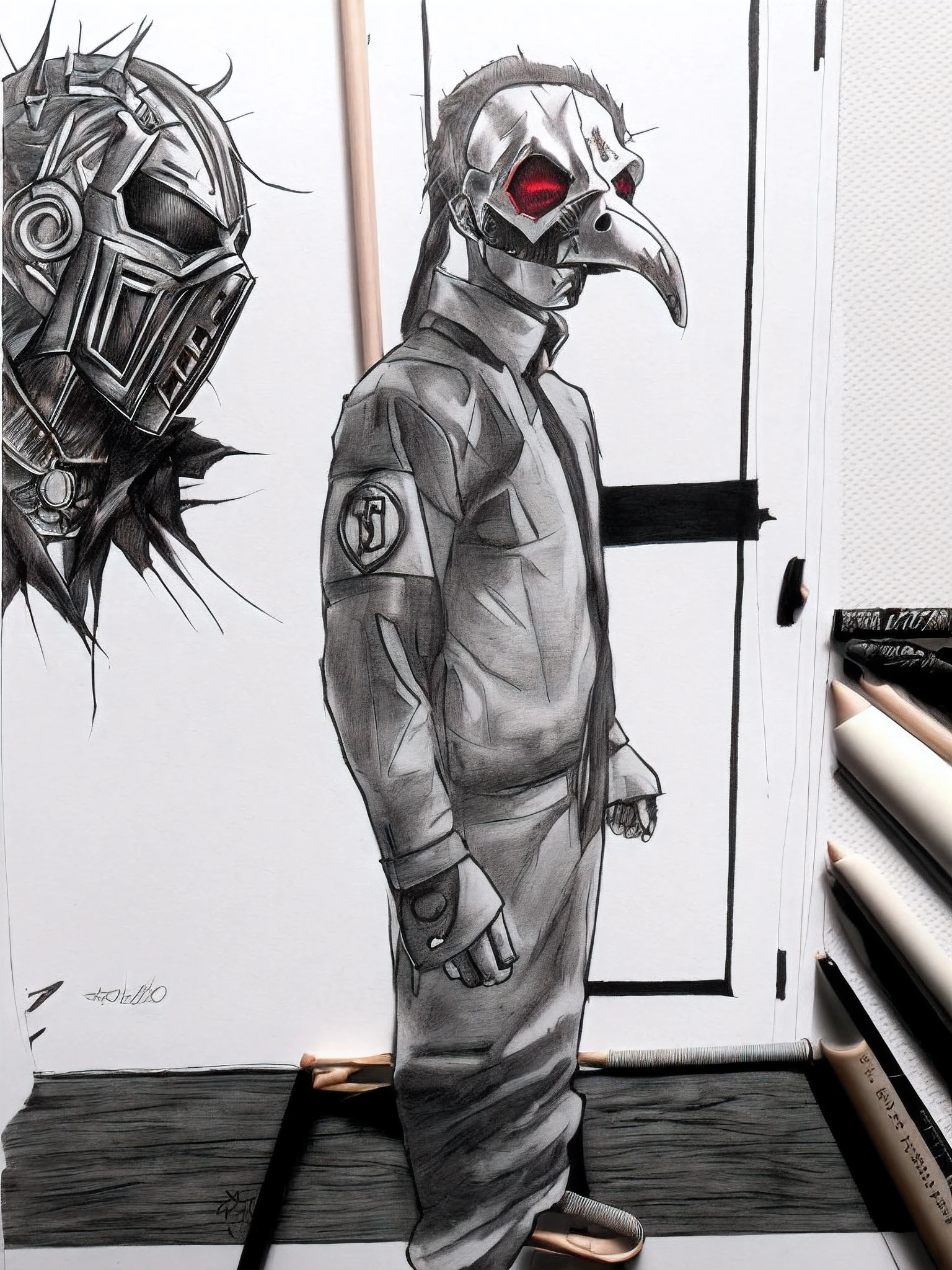 1 sujeto con traje de slipknot, boceto artstyle, Graycale, monocromo, ((solamente))