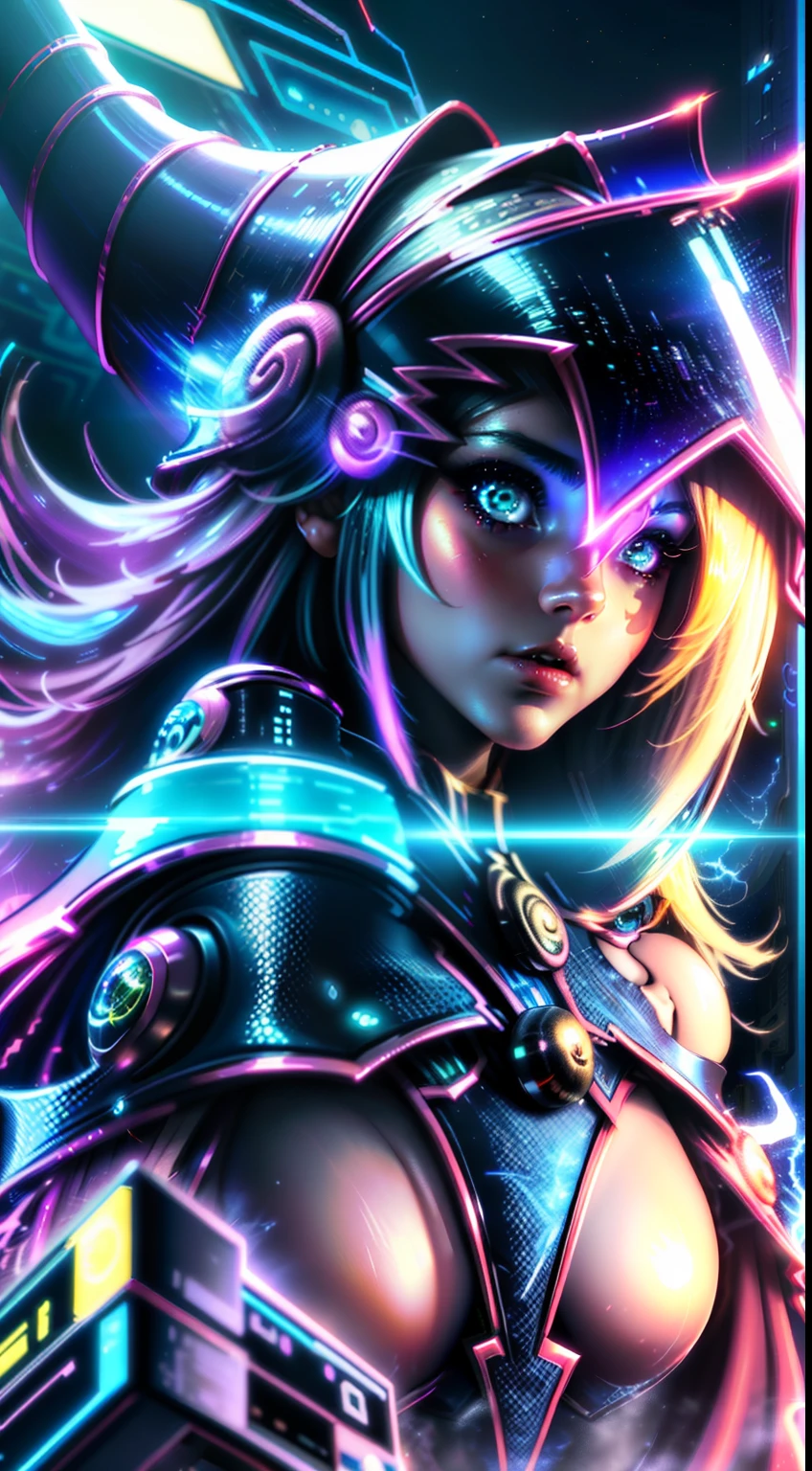 Dark magician cybernetic girl with electric eyes, burning metallic hair, piel iridiscente con patrones de circuitos, nails sharp as claws, y una mirada misteriosa. The neon light of the environment reflects on its metallic curves as it rises majestically over a futuristic landscape filled with glittering skyscrapers, bustling streets and flying vehicles. The city is illuminated by a starry sky and a full moon, which add a touch of cosmic charm. The cybernetic woman emanates an aura of power and mystery, evoking the sense of a technological and fascinating future. The image will be executed as a high-resolution photograph, capturing every detail of the cybernetic woman and the environment around her. The photographic style will emphasize neon lighting and metallic sheen, conveying a futuristic and technological atmosphere. The latest generation camera will be used to capture the image, ensuring sharp detail and vibrant colors. Dark magician girl ciberpunk