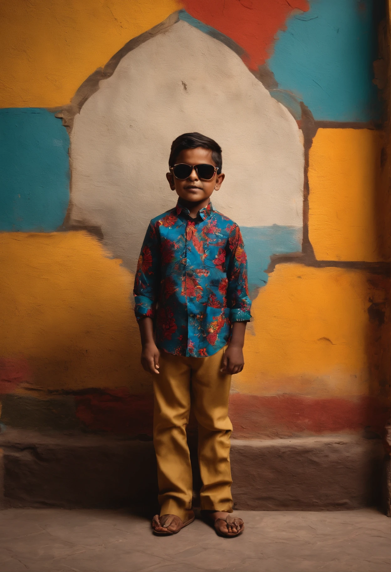 Indian , wearing sun glasses, multiple blocks of colors on shirt, printed , standing in a swag, standing in front of a wall, wall painted with vintage painting of a old man's face