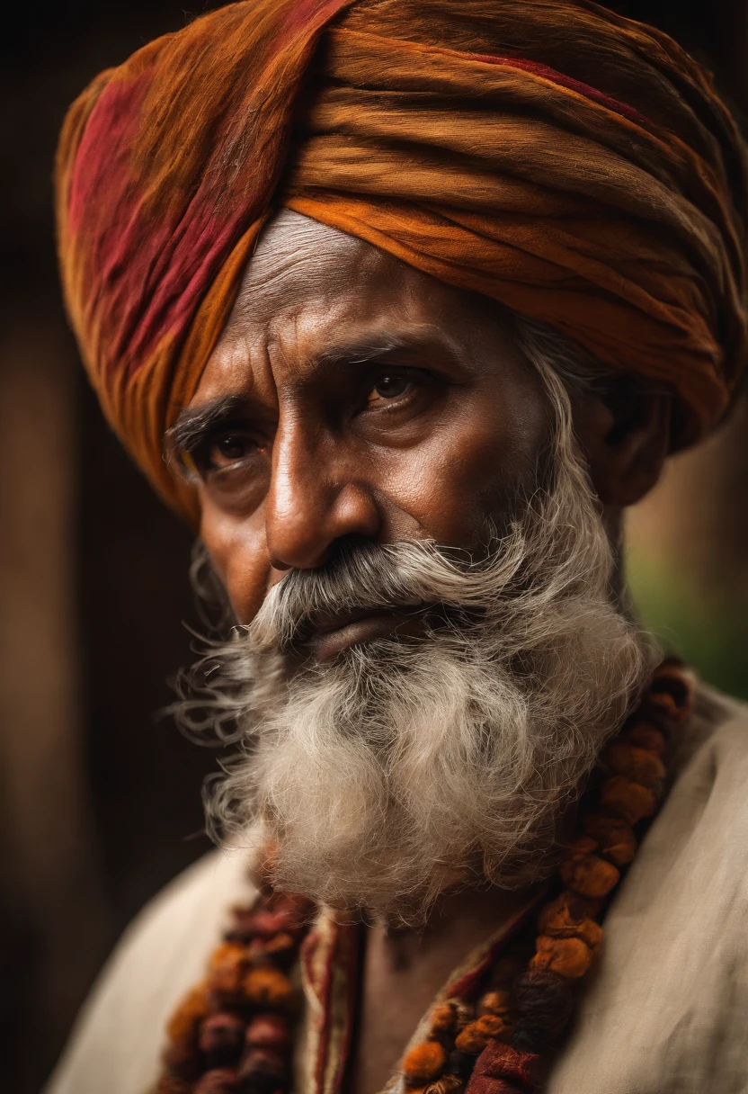 (old indian man:1.1,wearing turban:1.2,white bigger beard:1.1,bigger moustache:1.1,lighting cigar:1.2,in swag,extremely detailed facial hairs,portrait,half body,medium:oil painting,detailed eyes and face,detailed turban,traditional clothing,aged appearance,royal background,studio lighting,vibrant colors,dignified expression)