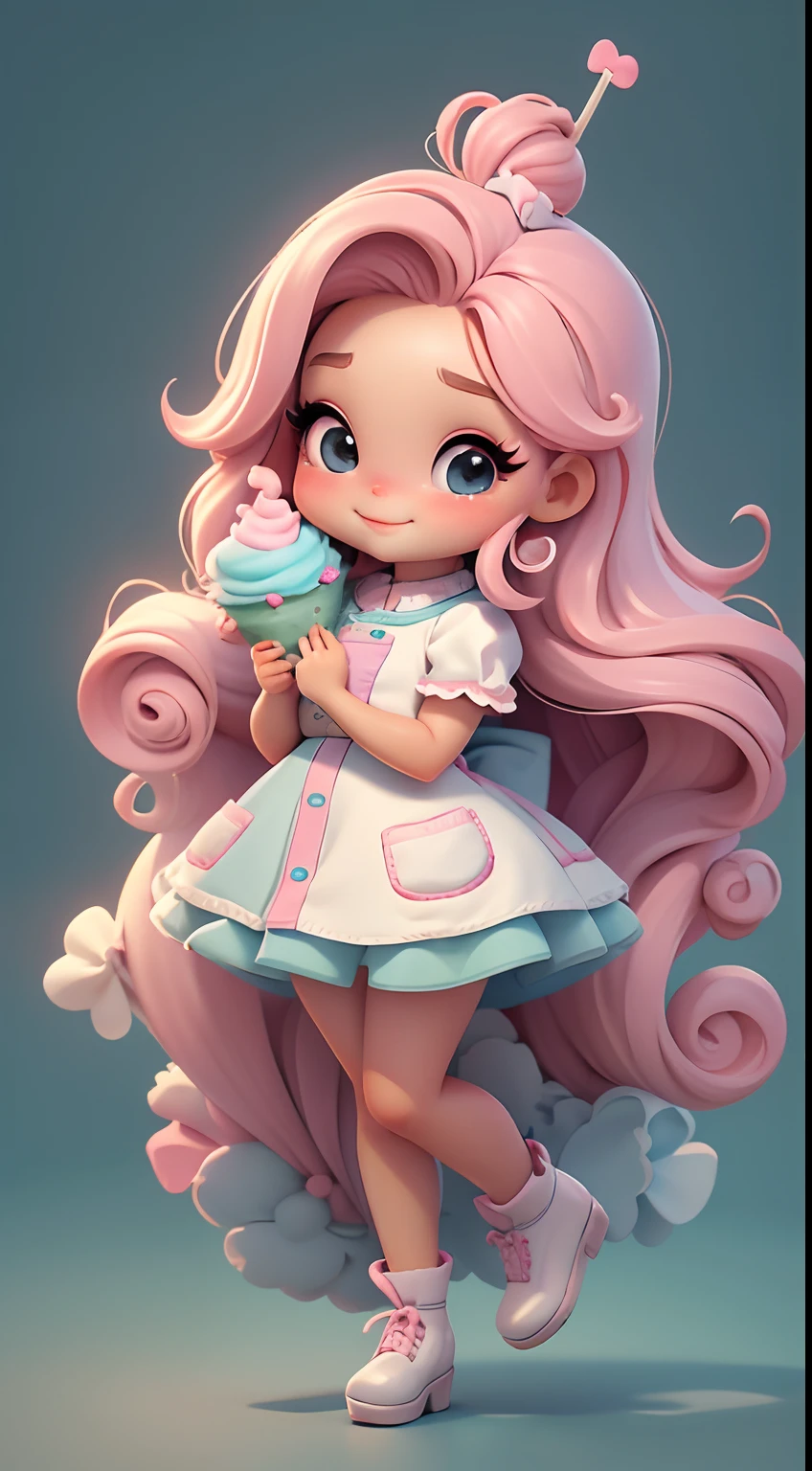 Create a series of cute chibi style dolls with a cute candyland chef theme, each with lots of detail and in an 8K resolution. All dolls should follow the same candyland candy wallpaper pattern and be complete in the image, mostrando o (corpo inteiro, incluindo as pernas: 1.5)
Boneca candyland f: Chame-a de Marina. Ela deve ter cabelo pequeno em tom colorido pastel. Seus olhos devem ser grandes e expressivos, with long eyelashes and rosy cheeks. Sorriso delicado e branco. Sophie deve estar vestida com uma roupa colorida, pastel tones and sweet details. She should hold a candy in her hands. Certifique-se de adicionar detalhes nas roupas, such as buttons and pockets, sapato bonito
Certifique-se de adicionar sombras, texturas e detalhes nos cabelos, roupas, doces e chocolate em barra, to make them even more adorable and charming.