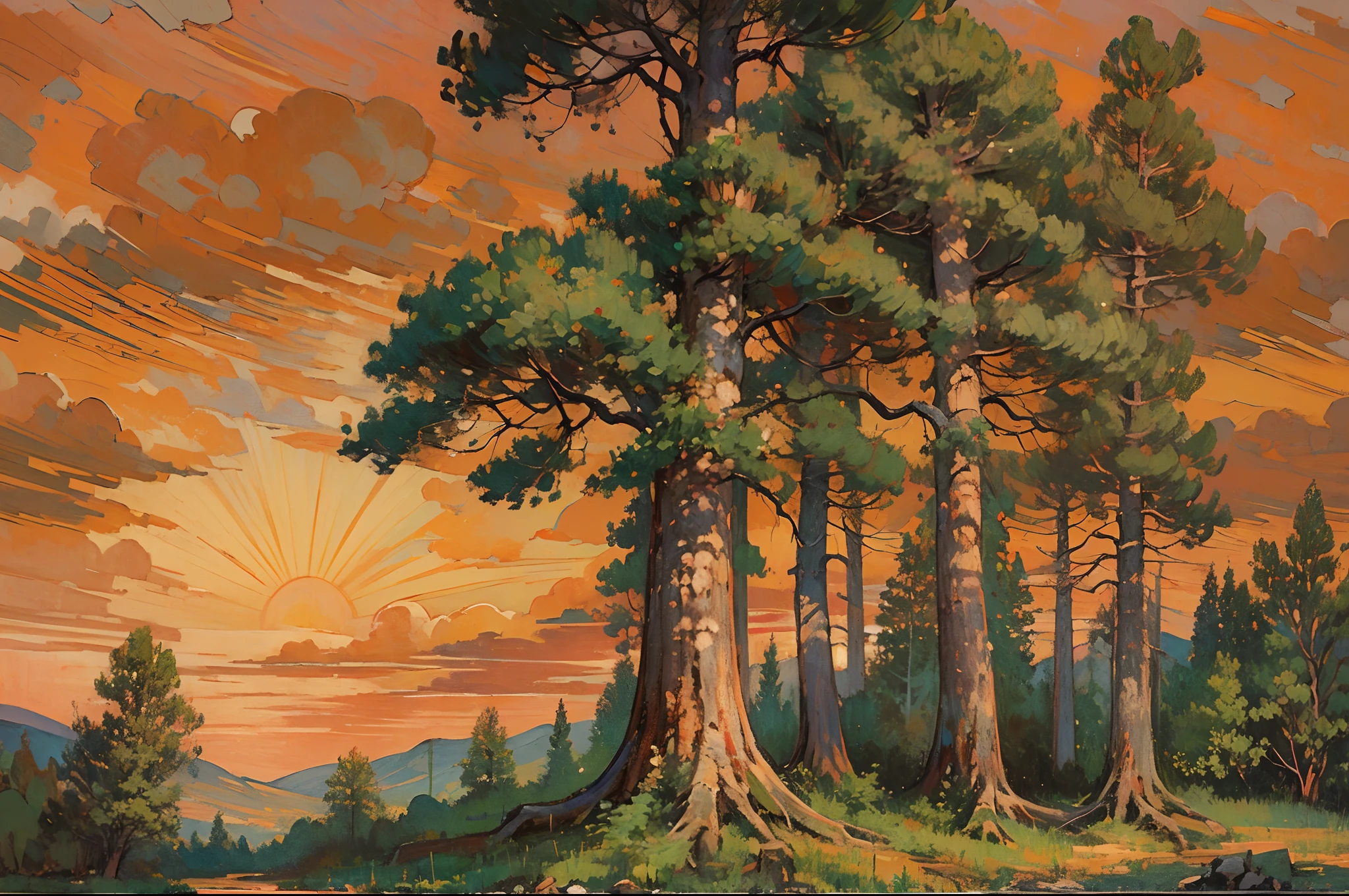 ((nobody)) Vintage Victorian style, Precise old encyclopedia (best quality:1.2), (detailed:1.2), (masterpiece:1.2), vintage illustrations of a forest at the sunset, pine forest, red sky, fluffy clouds