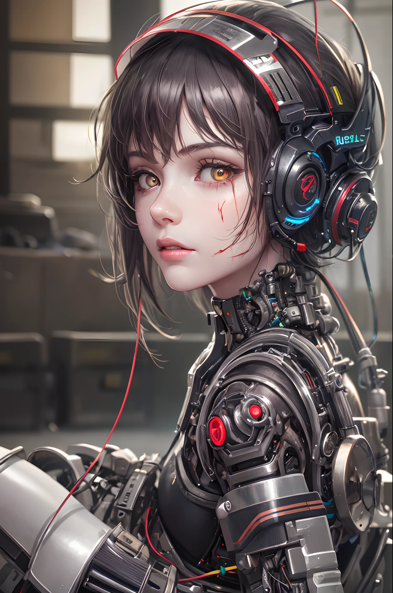 1mechanical girl,((ultra realistic details)), portrait, global illumination, shadows, octane render, 8k, ultra sharp,metal,intricate, ornaments detailed, cold colors, egypician detail, highly intricate details, realistic light, trending on cgsociety, glowing eyes, facing camera, neon details, machanical limbs,blood vessels connected to tubes,mechanical vertebra attaching to back,mechanical cervial attaching to neck,sitting,wires and cables connecting to head