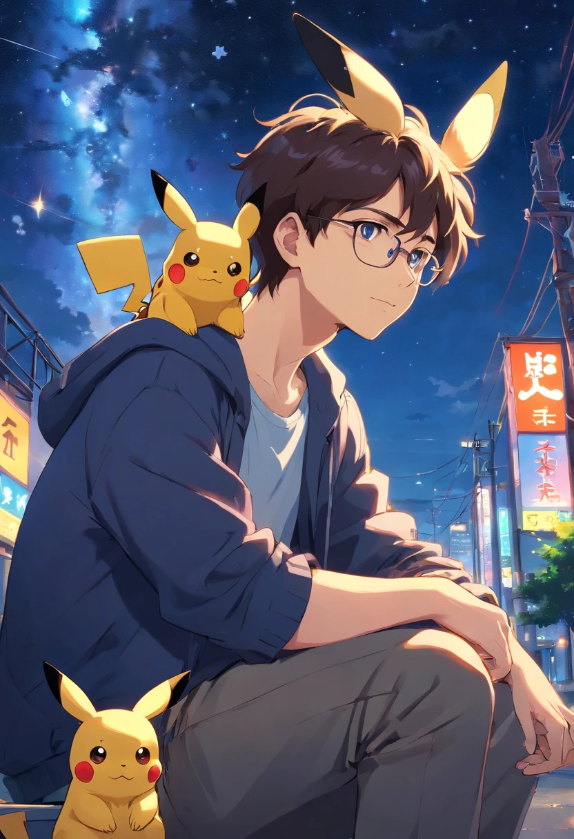 Homem jovem moreno, de casaco, wearing glasses with wavy hair sitting with Pikachu, Watching the starry sky at night