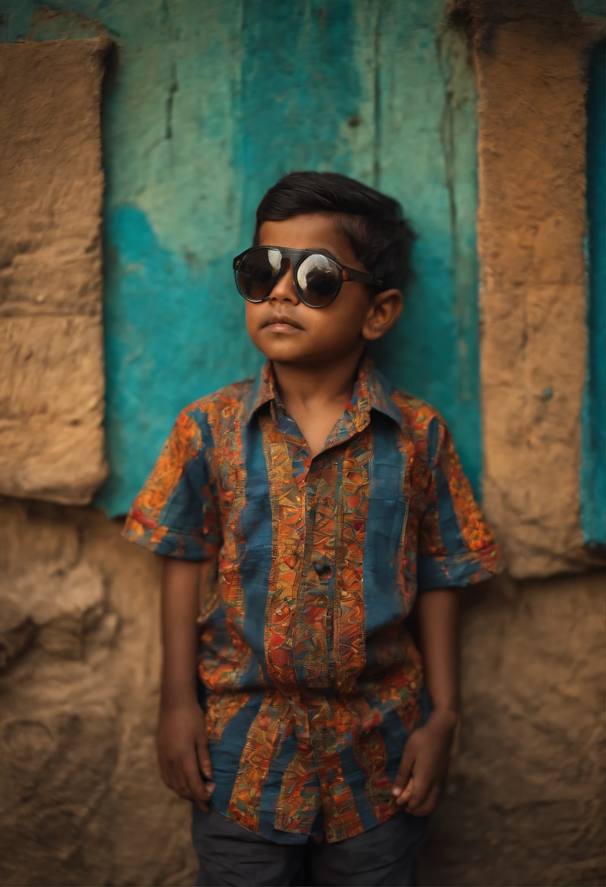Indian , wearing sun glasses, multiple blocks of colors on shirt, printed , standing in a swag, standing in front of a wall, wall painted with vintage painting of a old man's face