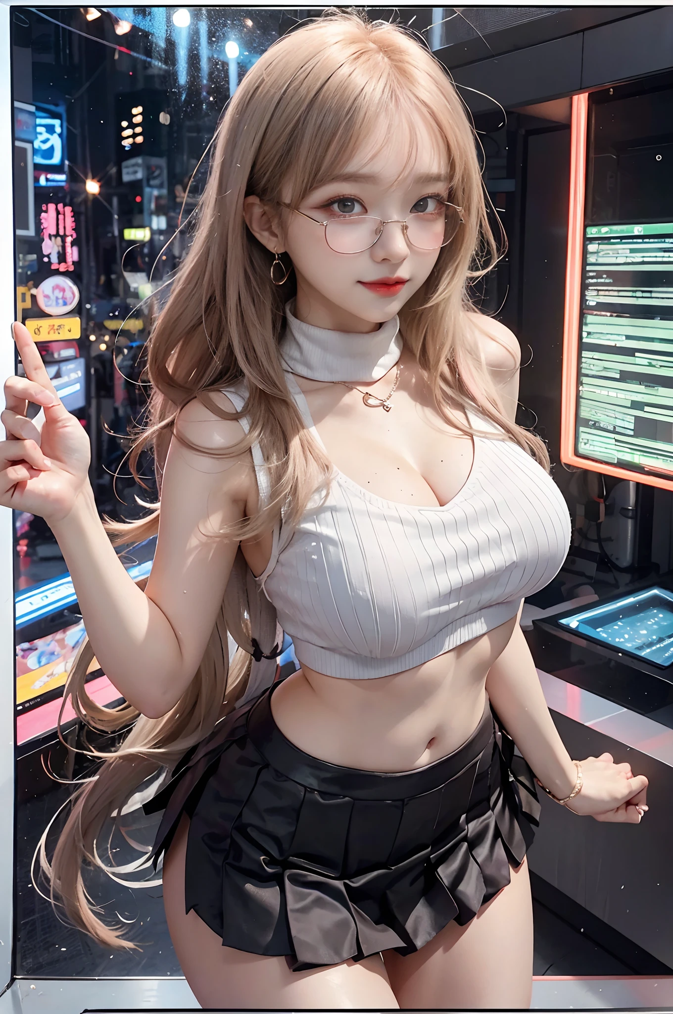 Top image quality、Raw photography、超A high resolution、18-year-old Korean、Glasses beauty、Colossal tits:1.5、cleavage of the breast:1.6、Healthy complexion、shiny white skin、Beautiful eyes with random colors、very thin lips、beautiful eyes finely detailed、elongated eyes、pale pink blush、long eyeslashes、Beautiful double eyelids、eyeshadows、耳Nipple Ring、(Fashionable glasses)、Gentle smile