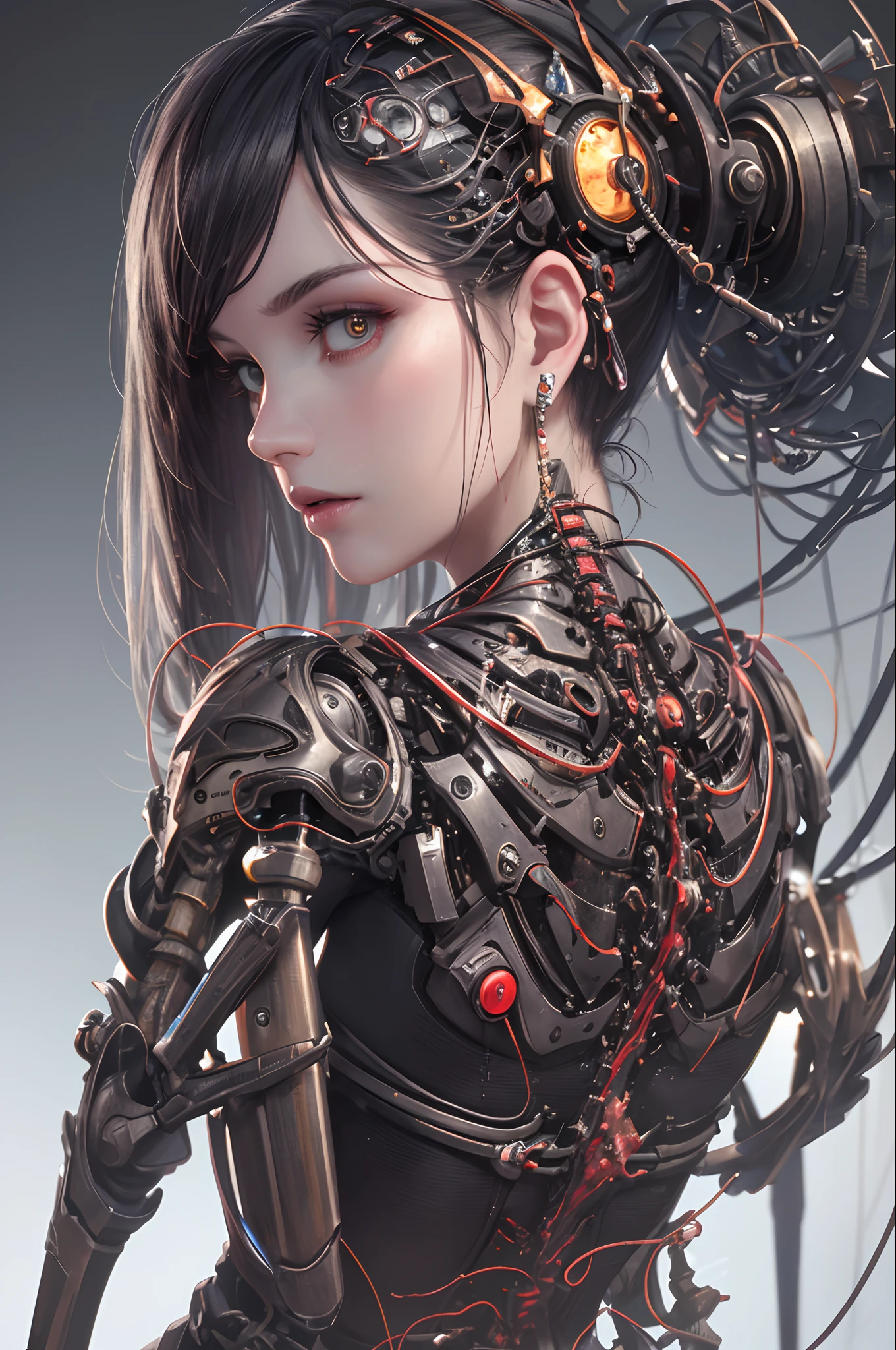 1mechanical girl,((ultra realistic details)), portrait, global illumination, shadows, octane render, 8k, ultra sharp,metal,intricate, ornaments detailed, cold colors, egypician detail, highly intricate details, realistic light, trending on cgsociety, glowing eyes, facing camera, neon details, machanical limbs,blood vessels connected to tubes,mechanical vertebra attaching to back,mechanical cervial attaching to neck,sitting,wires and cables connecting to head