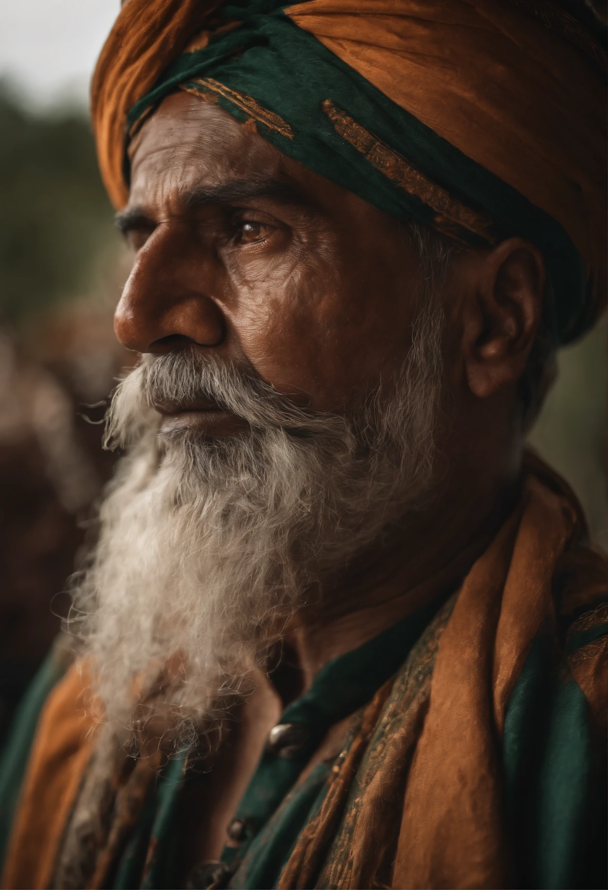(old indian man:1.1,wearing turban:1.2,white bigger beard:1.1,bigger moustache:1.1,lighting cigar:1.2,in swag,extremely detailed facial hairs,portrait,half body,medium:oil painting,detailed eyes and face,detailed turban,traditional clothing,aged appearance,royal background,studio lighting,vibrant colors,dignified expression)
