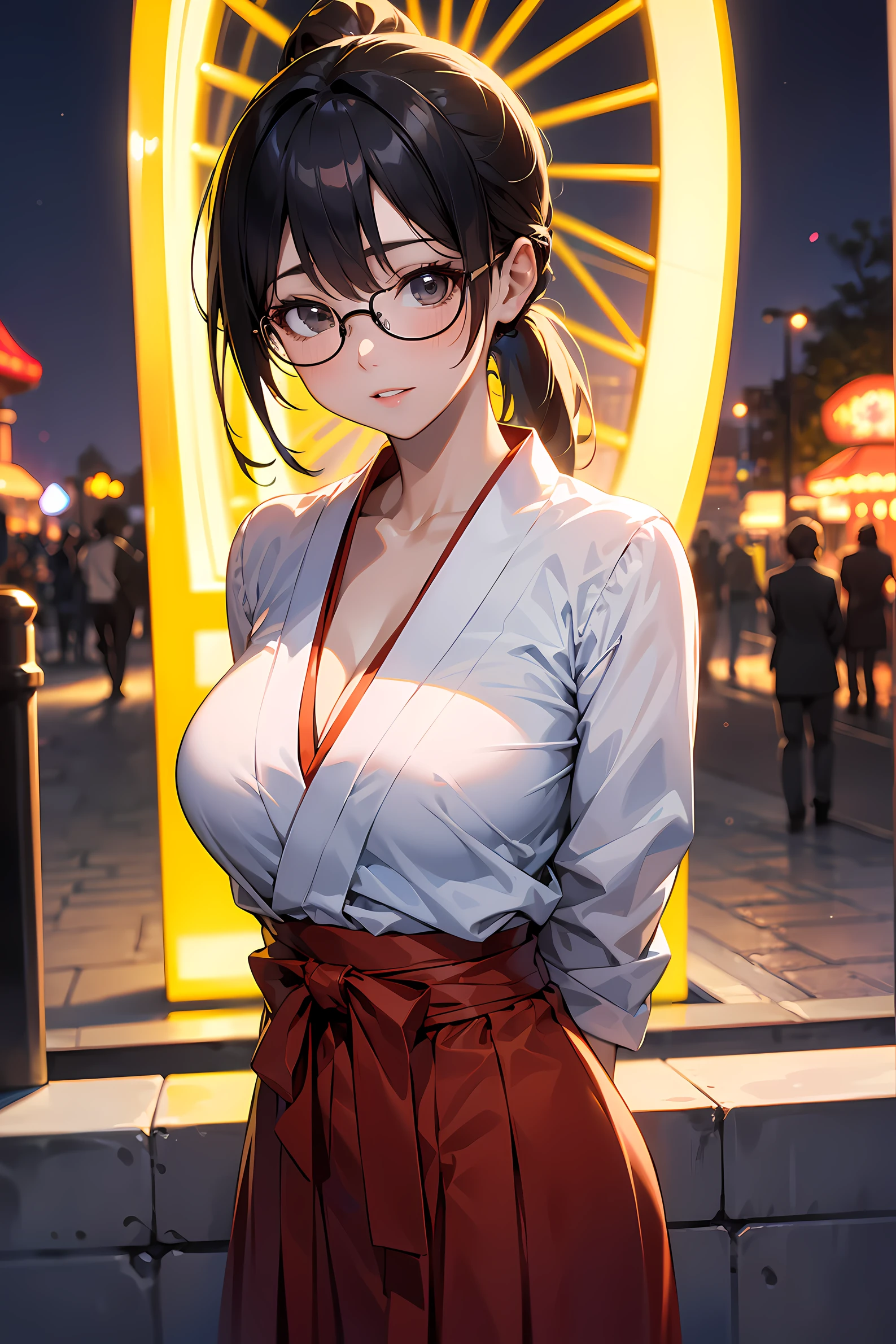 high resolution, Photo of a beautiful woman detailed_face, young handsome girl,realistic:0.5, perfect skin, (wearing a glasses:1.5), (ultra-detailed background, detailed background), bokeh, make happy expressions, happy emotion, gorgeous,pure, beautyfull detailed face and eyes,breasts, (black eyes:1.1), (a extremely pretty and beautiful Japanese woman), (sexy girl), (professional attire:1.3), (22 years old: 1.1), BREAK, (miko outfit:1.2), (white dogi:1.2), (red hakama:1.2), (leather boots))), cleavage, beautiful detailed skin, (cute:1.2), (blonde hair), ((jpop idol)), (upper thigh:0.6), (depth of field),soft light, Lens Glow looking at viewer, (Drooping eyes:1.2), straight teeth,smile, floating hair, (blond hair:1.2), brown eyes BREAK scene, cinematic, full colors, 4k, 8k, 16k, RAW photo, masterpiece, professionally color graded, professional photography, high school girl, hair up, , soft clean focus, realistic lighting and shading, (an extremely delicate and beautiful art)1.3, elegant,active angle,dynamism pose BREAK (ponytail:1.3), (shiny-black thin hair:1.2), bangs, dark brown eyes, beautiful eyes, princess eyes, (big eyes:1.3), bangs, wearing a glasses:1.3, Hair between eyes, short hair:1.3, (slender:1.1), (medium-breasts:0.95), (thin waist: 1.15), (detailed beautiful girl: 1.4), Parted lips, Red lips, full-make-up face, (shiny skin), ((Perfect Female Body)), (upper body image:1.3), Perfect Anatomy, Perfect Proportions, (most beautiful Korean actress face:1.3, extremely cute and beautiful Japanese actress face:1.3), ,(1glasses girl:1.3, solo), ,(blush:1.1), gray background, solo focus, (bust shot:1.2), cinematic light, (nostalgic night scene:1.4), (amusement park:1.4), (merry-go-round、the Ferris wheel、rollercoaster), (arms behind back :1.4), (looking at viewer:1.2