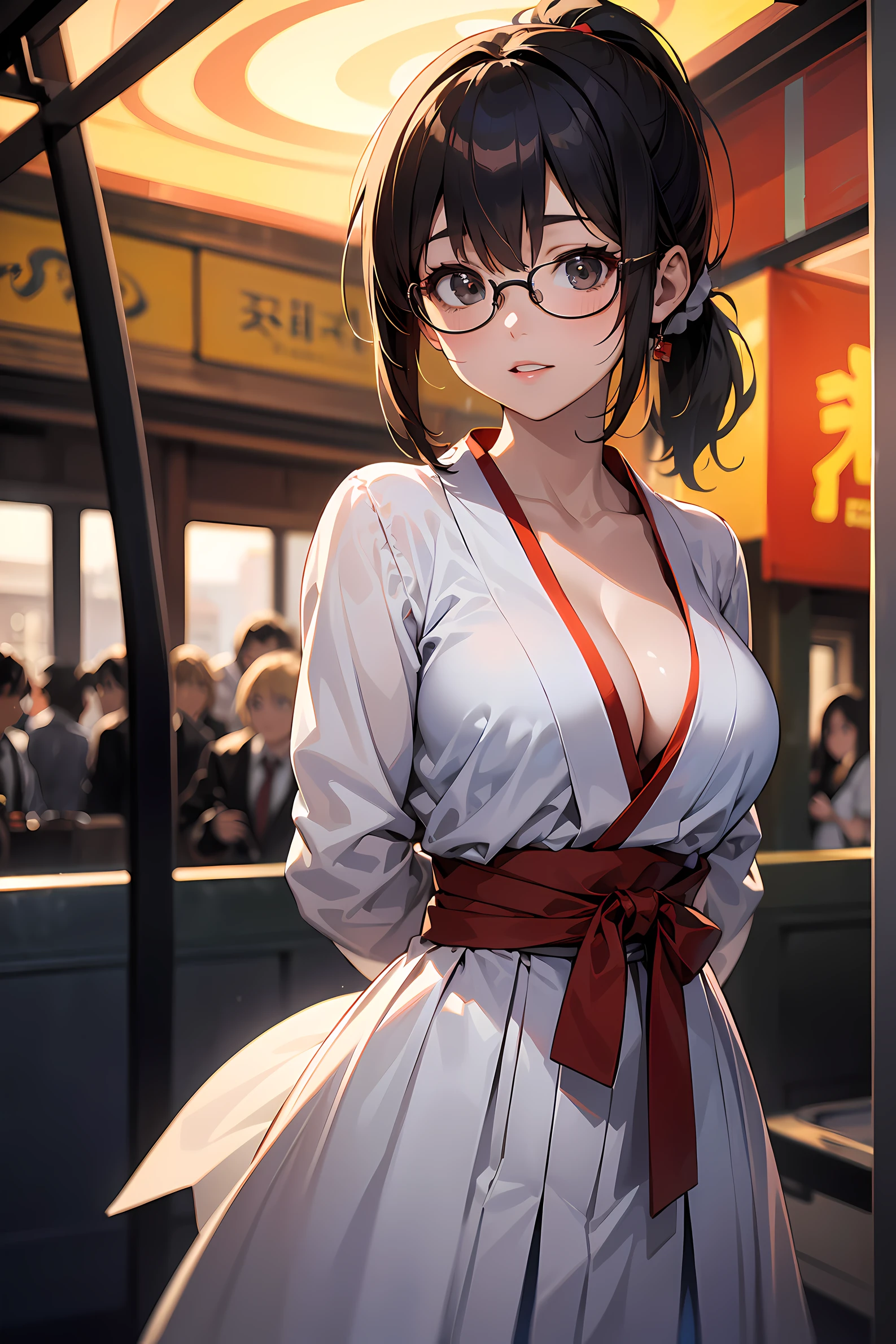 high resolution, Photo of a beautiful woman detailed_face, young handsome girl,realistic:0.5, perfect skin, (wearing a glasses:1.5), (ultra-detailed background, detailed background), bokeh, make happy expressions, happy emotion, gorgeous,pure, beautyfull detailed face and eyes,breasts, (black eyes:1.1), (a extremely pretty and beautiful Japanese woman), (sexy girl), (professional attire:1.3), (22 years old: 1.1), BREAK, (miko outfit:1.2), (white dogi:1.2), (red hakama:1.2), (leather boots))), cleavage, beautiful detailed skin, (cute:1.2), (blonde hair), ((jpop idol)), (upper thigh:0.6), (depth of field),soft light, Lens Glow looking at viewer, (Drooping eyes:1.2), straight teeth,smile, floating hair, (blond hair:1.2), brown eyes BREAK movie scene, cinematic, full colors, 4k, 8k, 16k, RAW photo, masterpiece, professionally color graded, professional photography, high school girl, hair up, , soft clean focus, realistic lighting and shading, (an extremely delicate and beautiful art)1.3, elegant,active angle,dynamism pose BREAK (ponytail:1.3), (shiny-black thin hair:1.2), bangs, dark brown eyes, beautiful eyes, princess eyes, (big eyes:1.3), bangs, wearing a glasses:1.3, Hair between eyes, short hair:1.3, (slender:1.1), (medium-breasts:0.95), (thin waist: 1.15), (detailed beautiful girl: 1.4), Parted lips, Red lips, full-make-up face, (shiny skin), ((Perfect Female Body)), (upper body image:1.3), Perfect Anatomy, Perfect Proportions, (most beautiful Korean actress face:1.3, extremely cute and beautiful Japanese actress face:1.3), ,(1glasses girl:1.3, solo), ,(blush:1.1), gray background, solo focus, (bust shot:1.2), cinematic light, (nostalgic night scene:1.4), (amusement park:1.4), (merry-go-round、the Ferris wheel、rollercoaster), (arms behind back :1.4), (looking at viewer:1.2