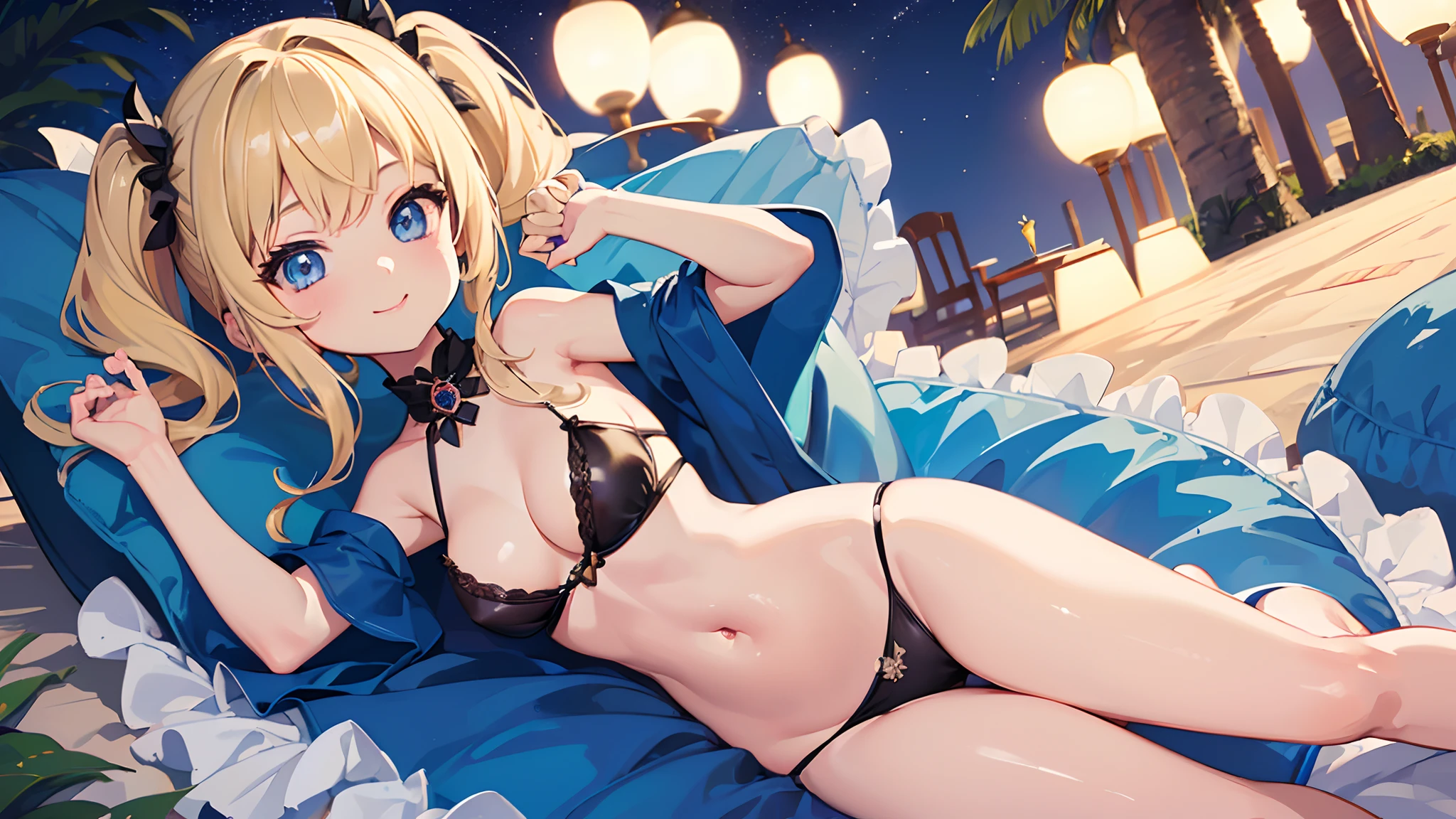 (masterpiece),(very high quality),(((cute li))),(((5 years old(blonde),(very detail beautiful face),(very detail blue eyes),(seductive),(smile),(huge breasts),(cleavage),(black bikini without ruffles),(beach),(night time),(nsfw),