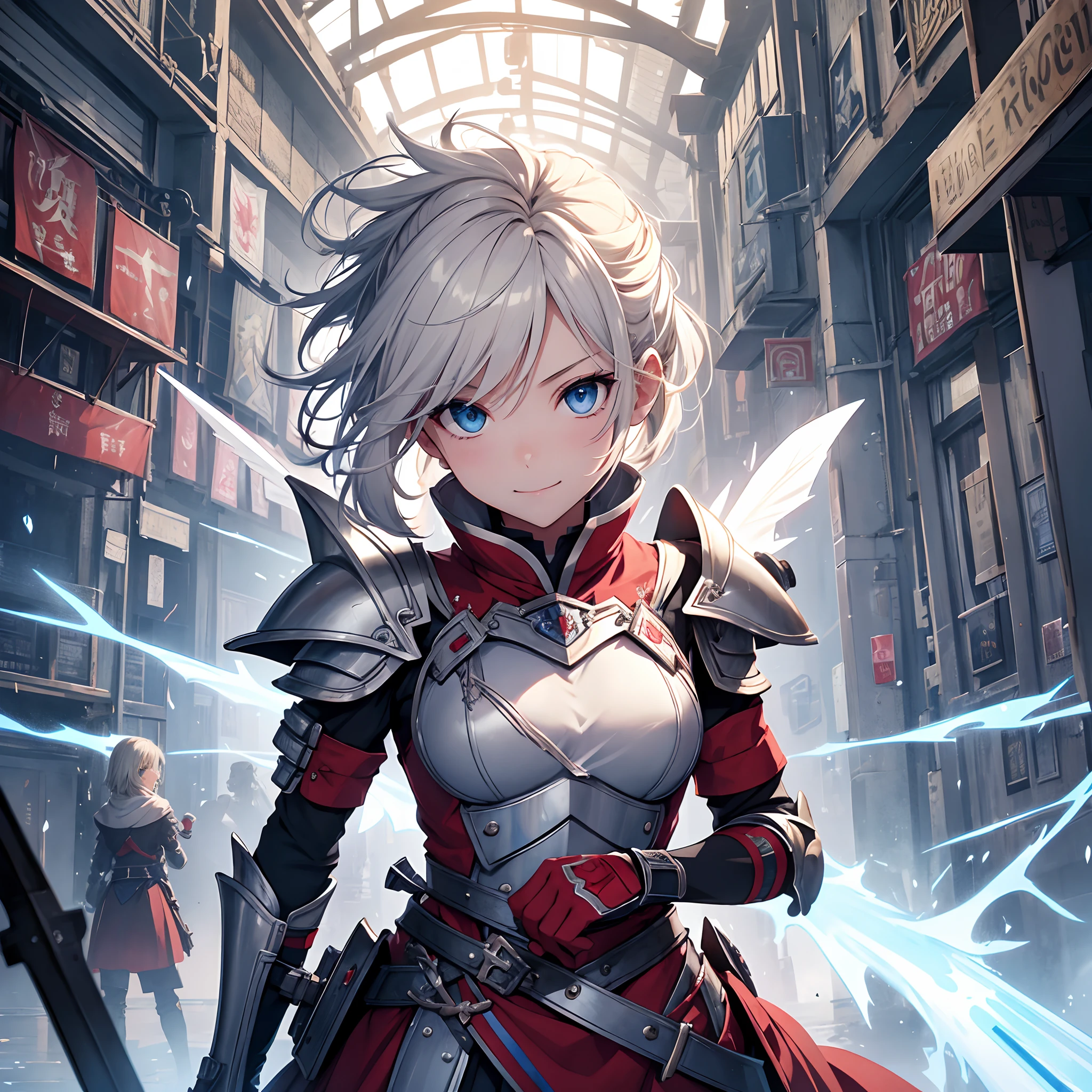 masterpiece、Clear blue eyes、a blond、Hair quality that emits a very beautiful light、Neat face、A smile、front-facing view、Hold a big sword、Punk Hairstyles、Very short hairstyle、boyish、1 girl in、The World of Machinery、Lots of clock towers、Silver armor、Ruby-embedded reliefs in armor、red cloak、A devastated world、Multicolored blades raining down from the sky、Knights of the Round Table、Fantastic world、