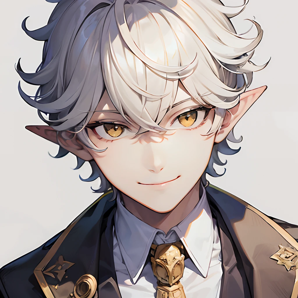 1boy, short curly white hair, yellow eyes, pointy ears, white suit jacket, smile, portrait, simple background, looking at the camera, from the front
