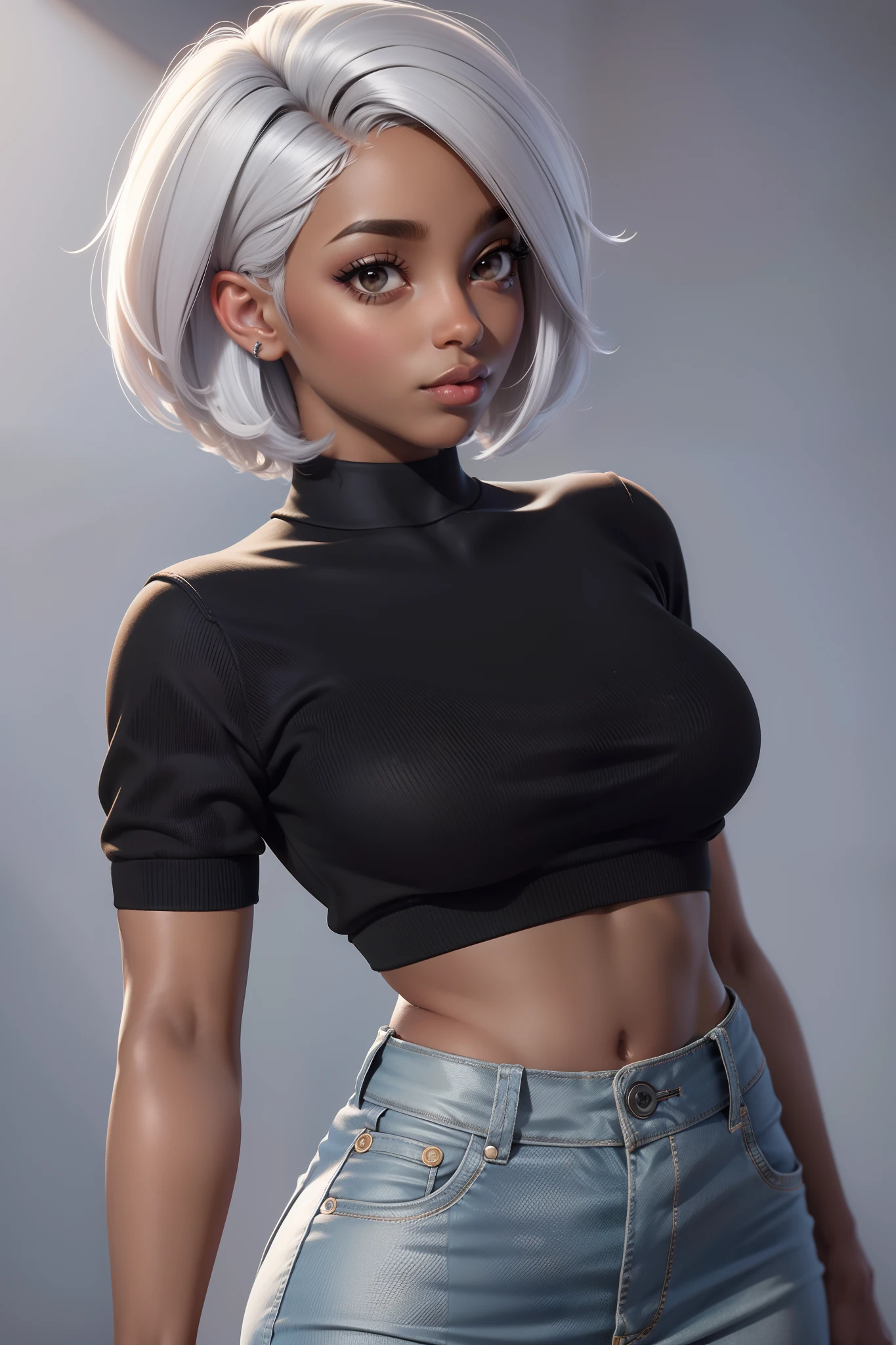 one ebony girl, bust, solo, upper body, white hair, black eyes, bob cut, choker, nsfw, dark skin, open breasts, nude, without clothes, masterpiece, highly detailed, look at viewer, expressing joy, black background, smile, camera from the front