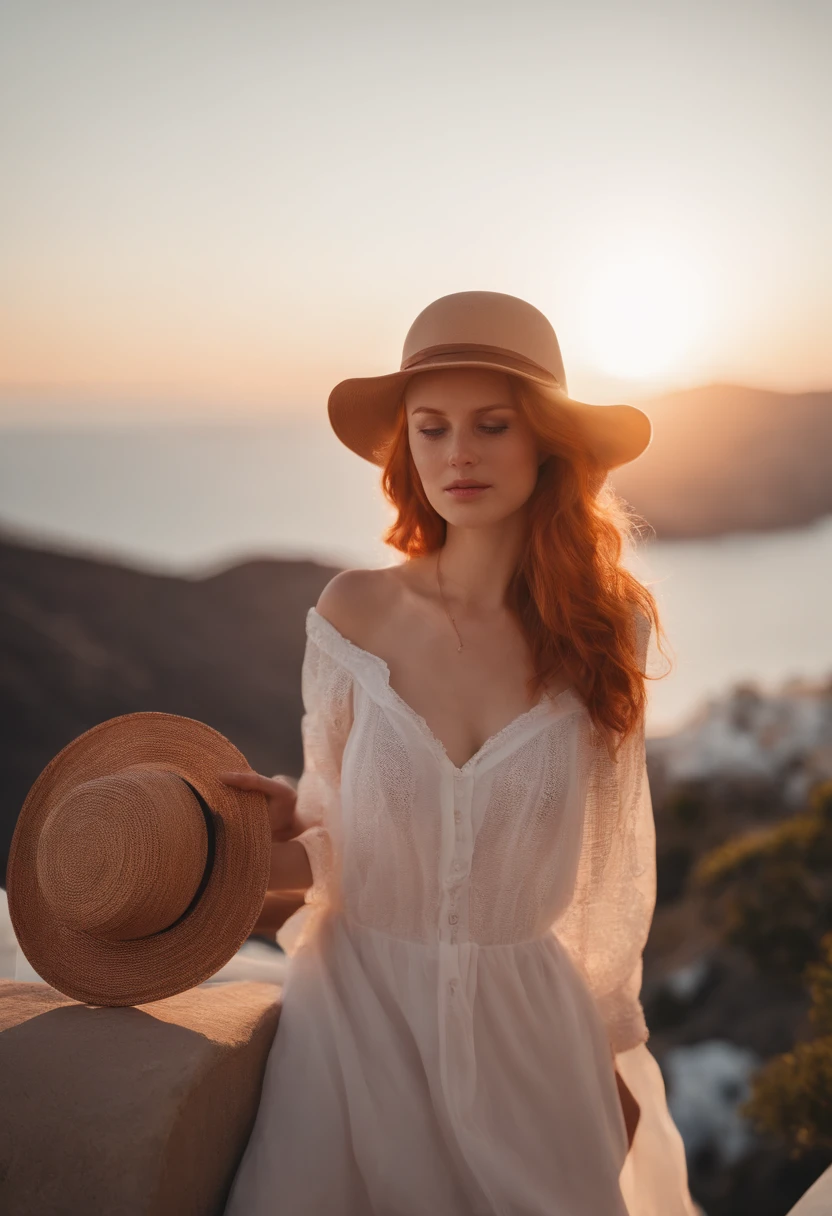 portrait of a 21-year-old redhead, slim figure, posing in santorini, 1girl, solo, bare breasts, shirt lift, seductive, onlyfans, cute outfit, pink cap, nightie, seduction, setting sun, cinematographic rendering, 32K, RAW