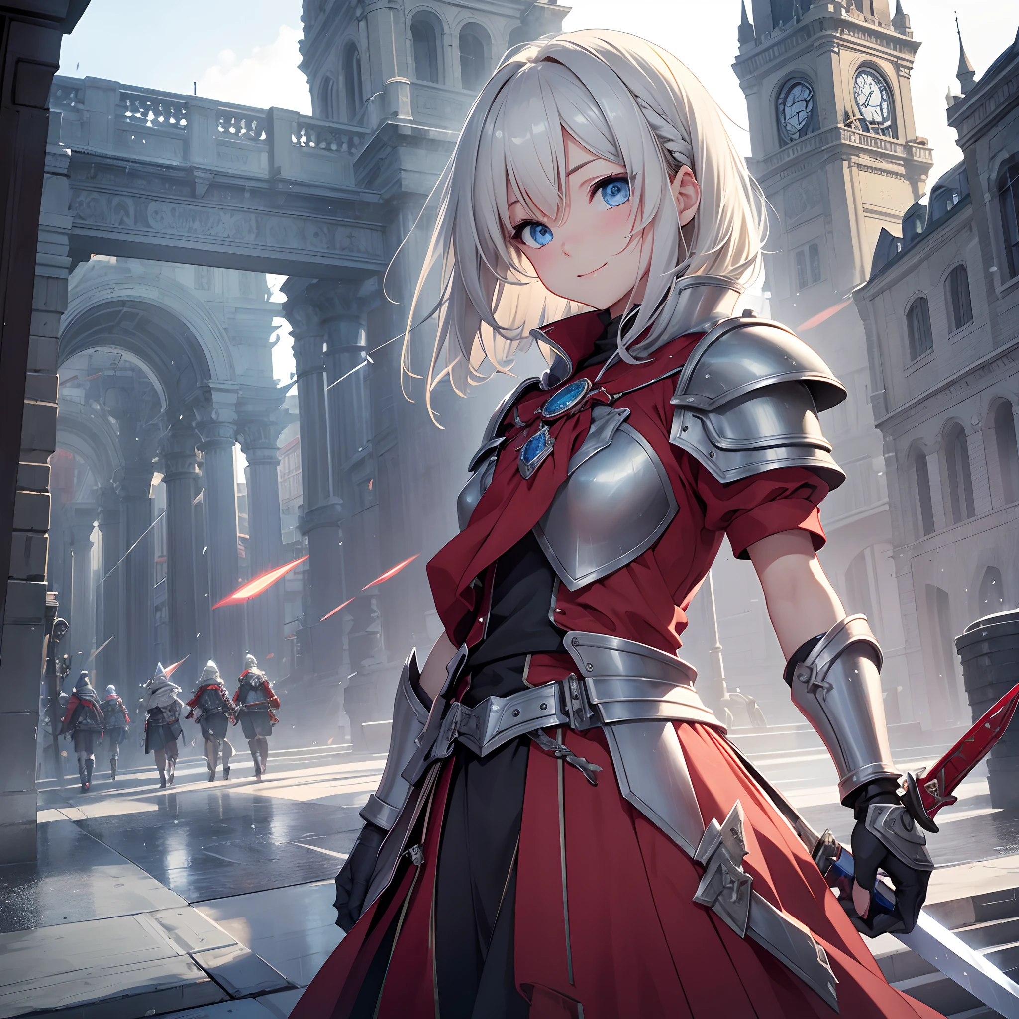 masterpiece、Clear blue eyes、a blond、Hair quality that emits a very beautiful light、Neat face、A smile、front-facing view、Hold a big sword、Punk Hairstyles、Very short hairstyle、boyish、1 girl in、The World of Machinery、Lots of clock towers、Silver armor、Ruby-embedded reliefs in armor、red cloak、A devastated world、Multicolored blades raining down from the sky、Knights of the Round Table、Fantastic world、