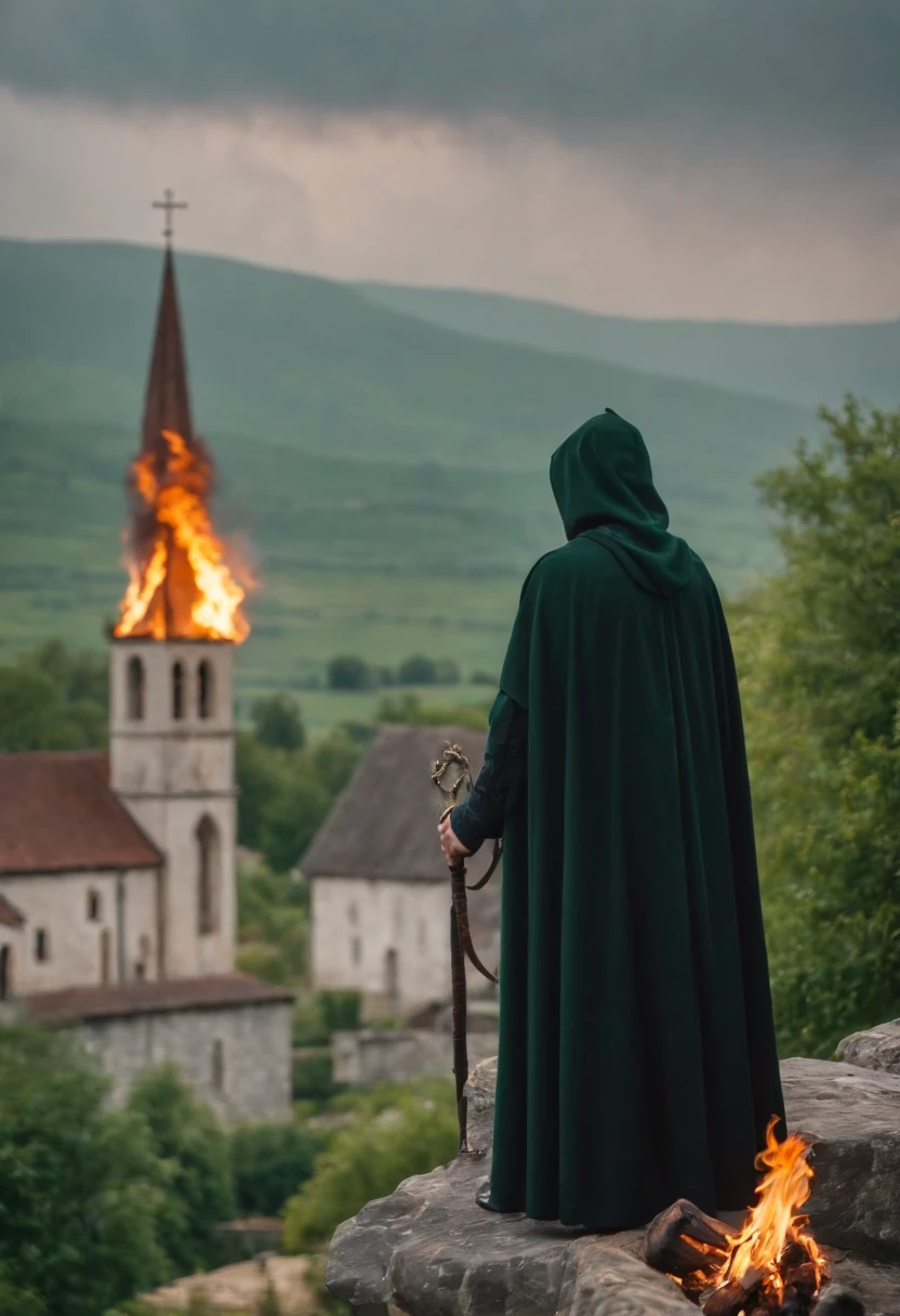 The lord of the world in a black cloak on a green snake, burns everything with fire, the city behind which the church is burning;