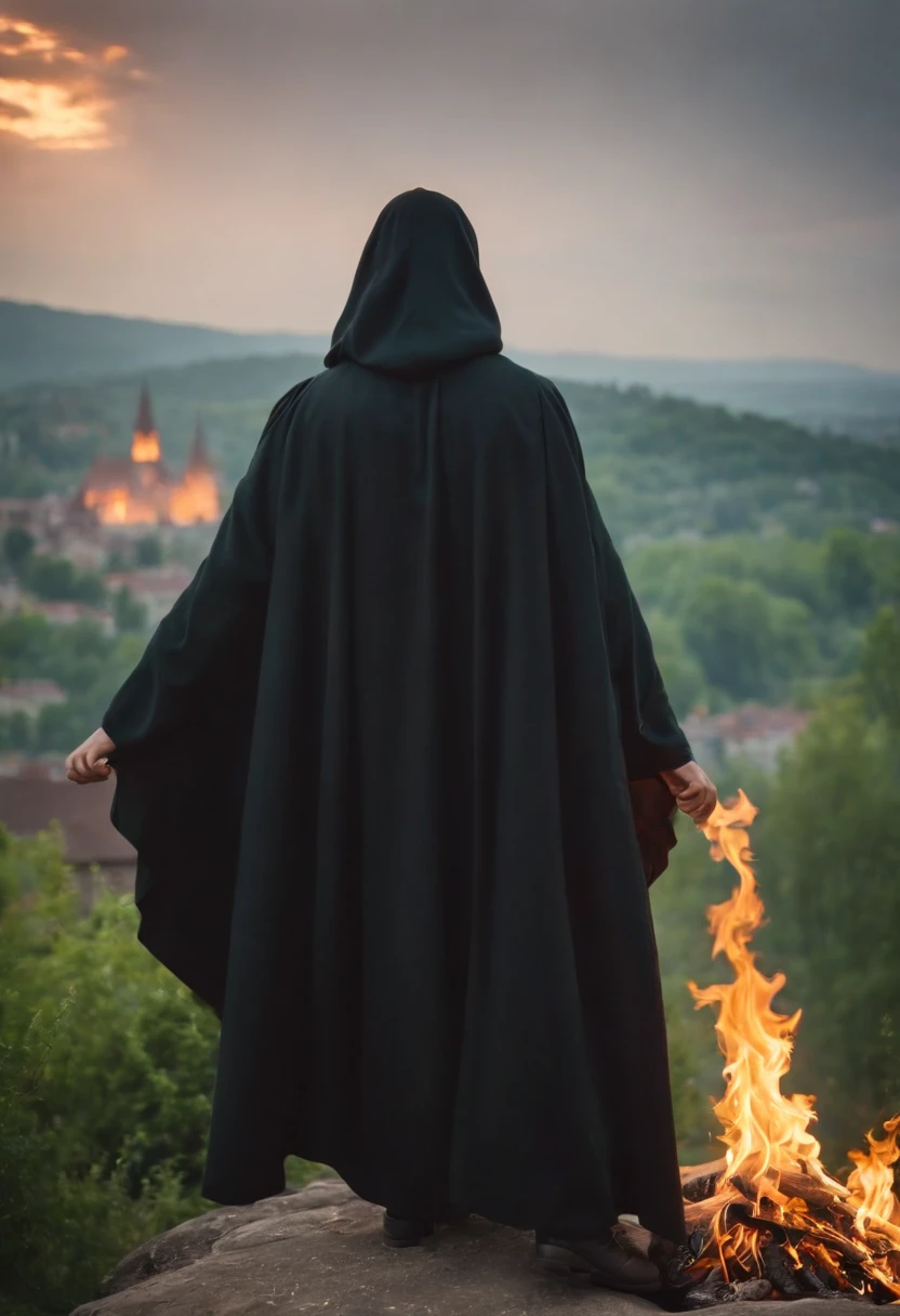 The lord of the world in a black cloak on a green snake, burns everything with fire, the city behind which the church is burning;